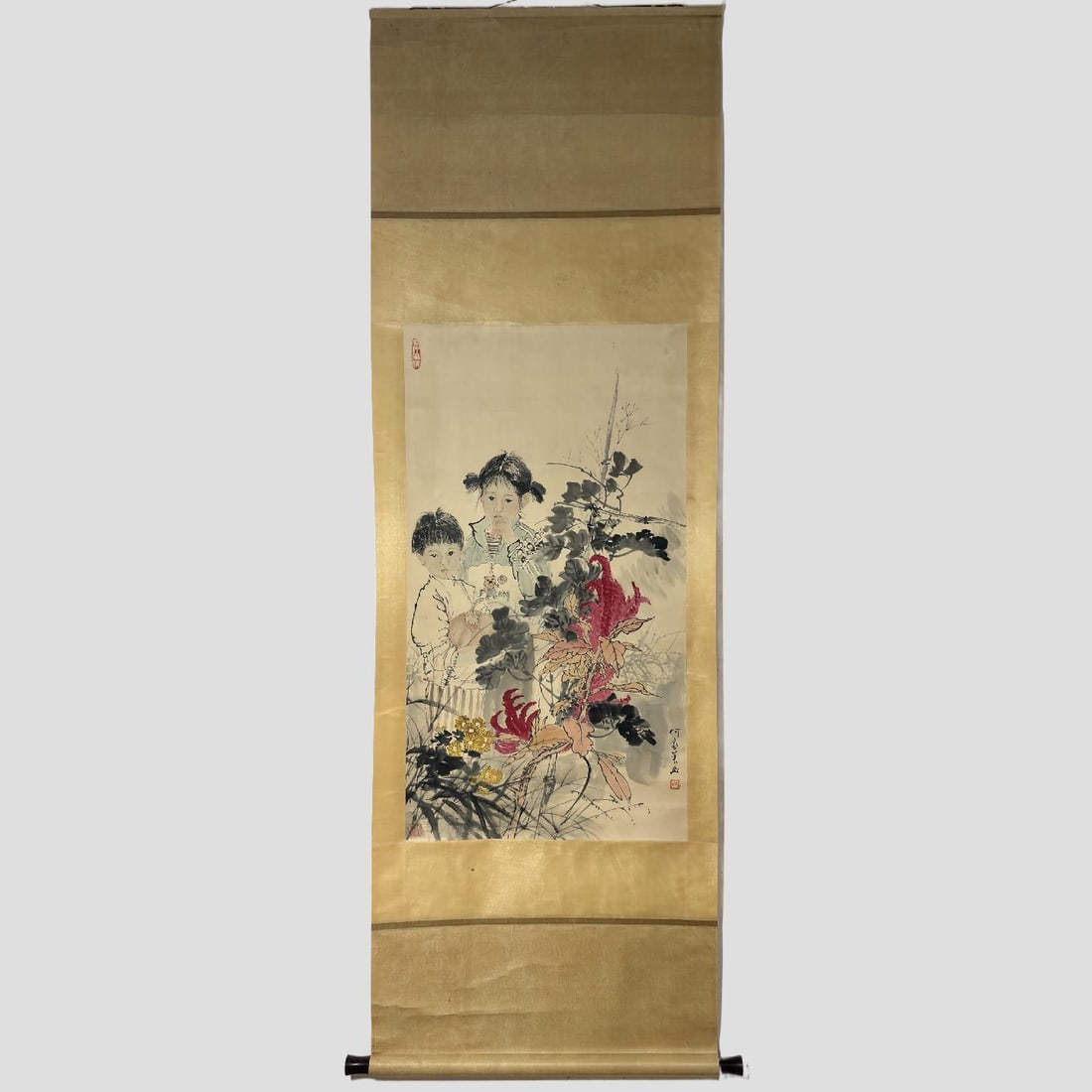 A Chinese Vertical Scroll Ink Figure Painting on Paper: A Chinese Vertical Scroll Ink Figure Painting on Paper,Modern Time of China,He Jiaying,without frame size:37.4inx20.5in