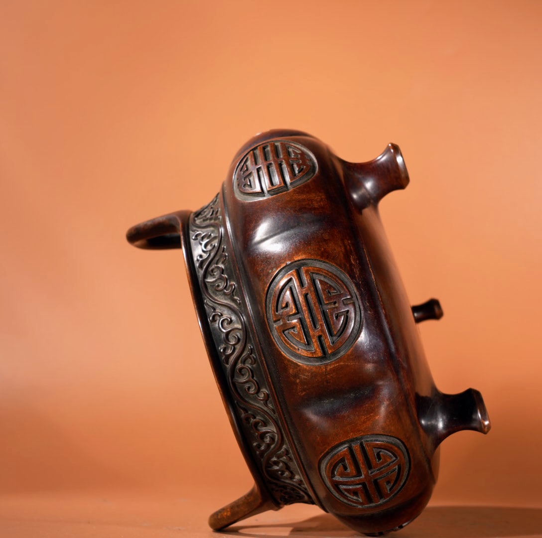 A Exquisite Red Copper Double-Ears Censer - 8