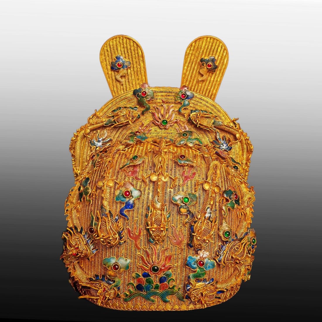 A Exquisite Filigree Gilt Dragon Pattern Hat: A Exquisite Filigree Gilt Dragon Pattern Hat,Qing Dynasty, China,Size:7.1inx10.2in 花丝鎏金龙纹冠,中国清代