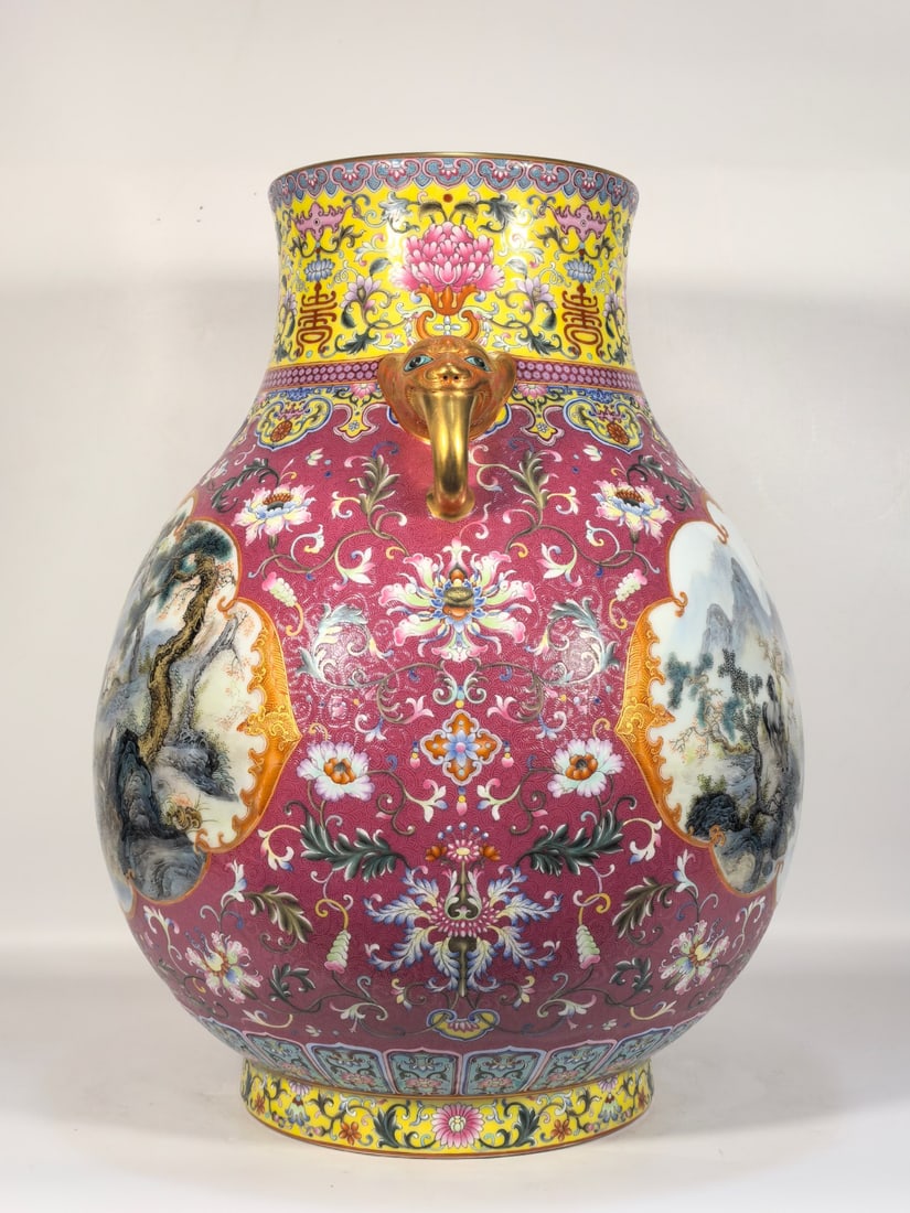 A Exquisite Enamel Ruby Red-Glazed Auspicious Beast Pattern Elephant-Ears Vase - 5