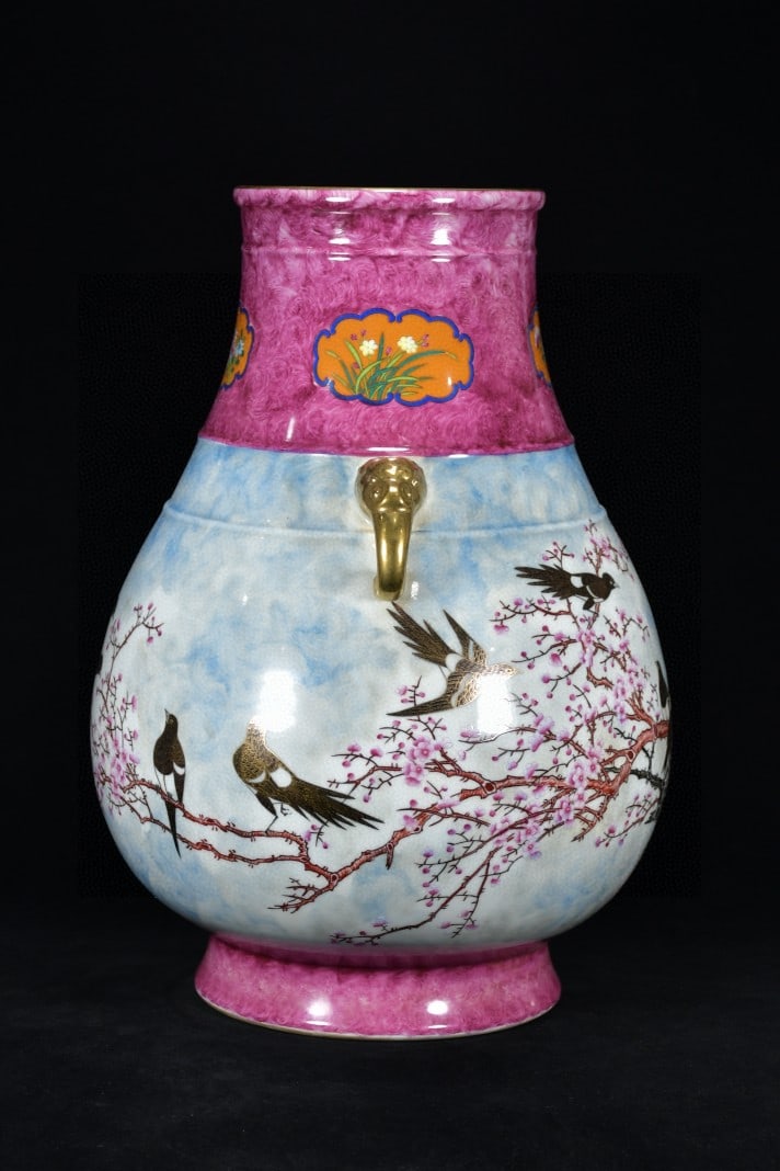 A Exquisite Ruby Red-Glazed Gilt Flower and Bird Pattern Double-Ears Vase - 2