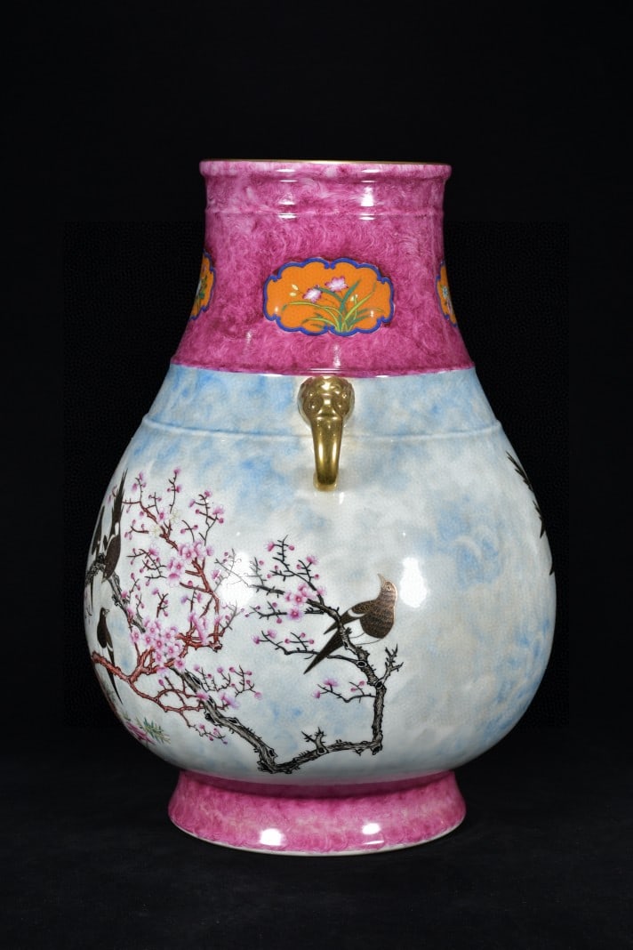A Exquisite Ruby Red-Glazed Gilt Flower and Bird Pattern Double-Ears Vase - 3