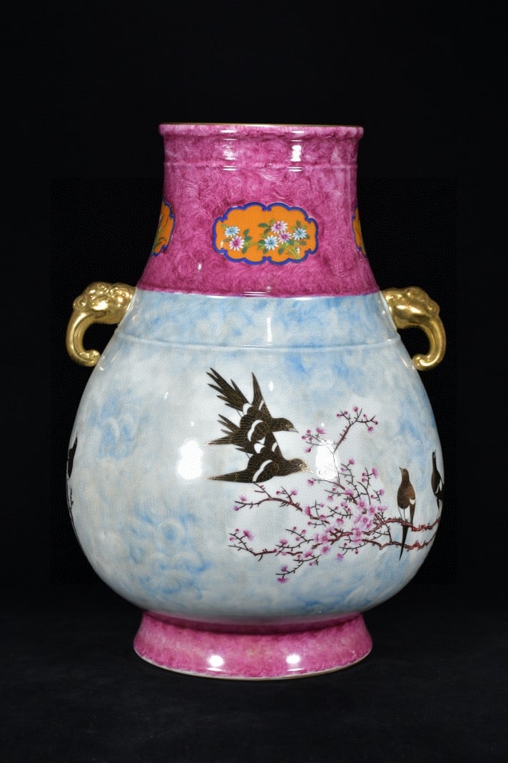 A Exquisite Ruby Red-Glazed Gilt Flower and Bird Pattern Double-Ears Vase - 4