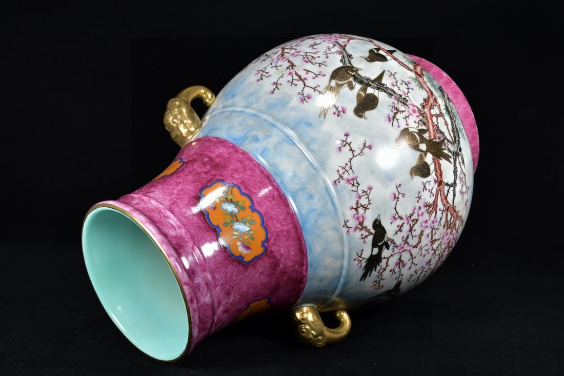 A Exquisite Ruby Red-Glazed Gilt Flower and Bird Pattern Double-Ears Vase - 7