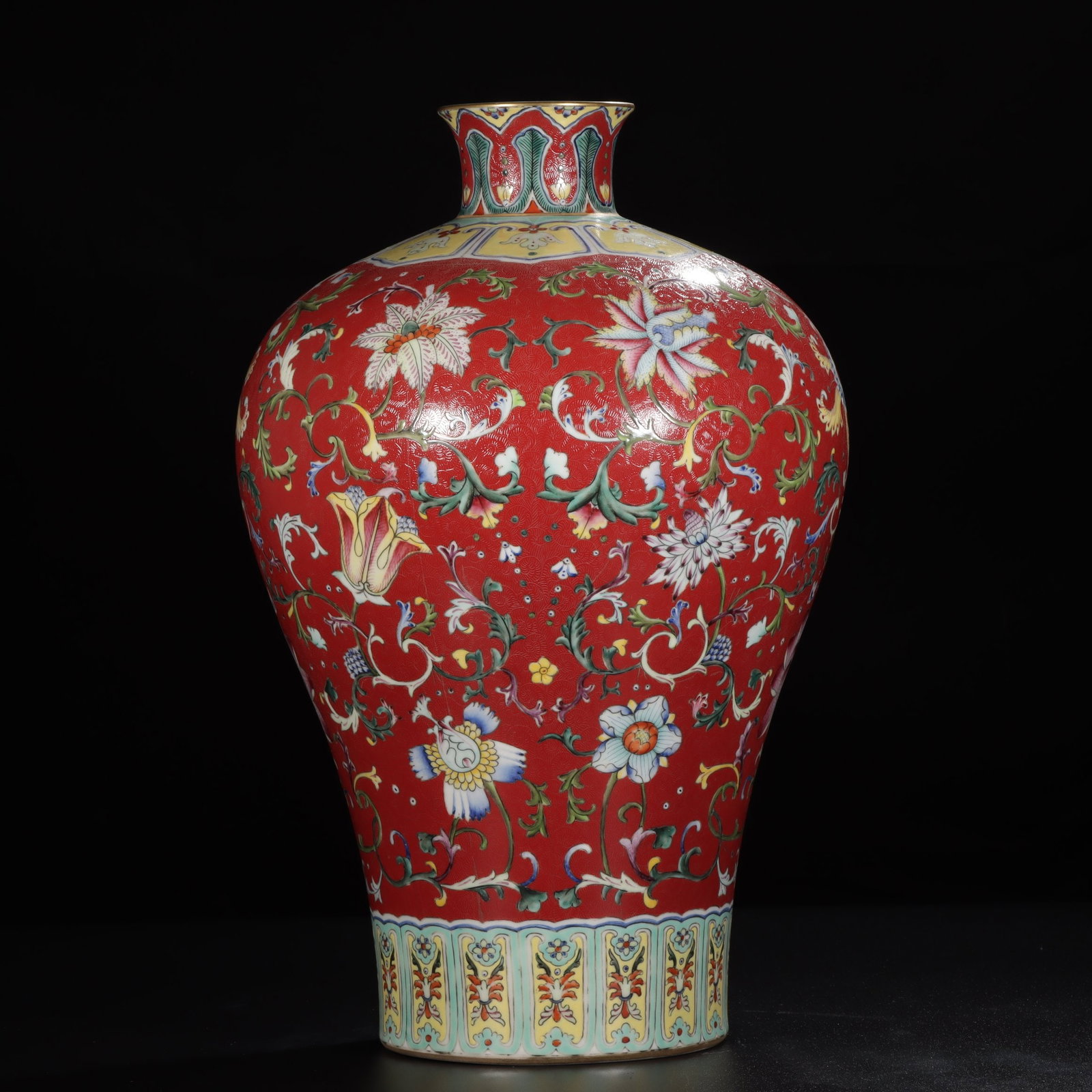 Ruby Red-Glazed Painted Gold Flower Pattern Vase - 4