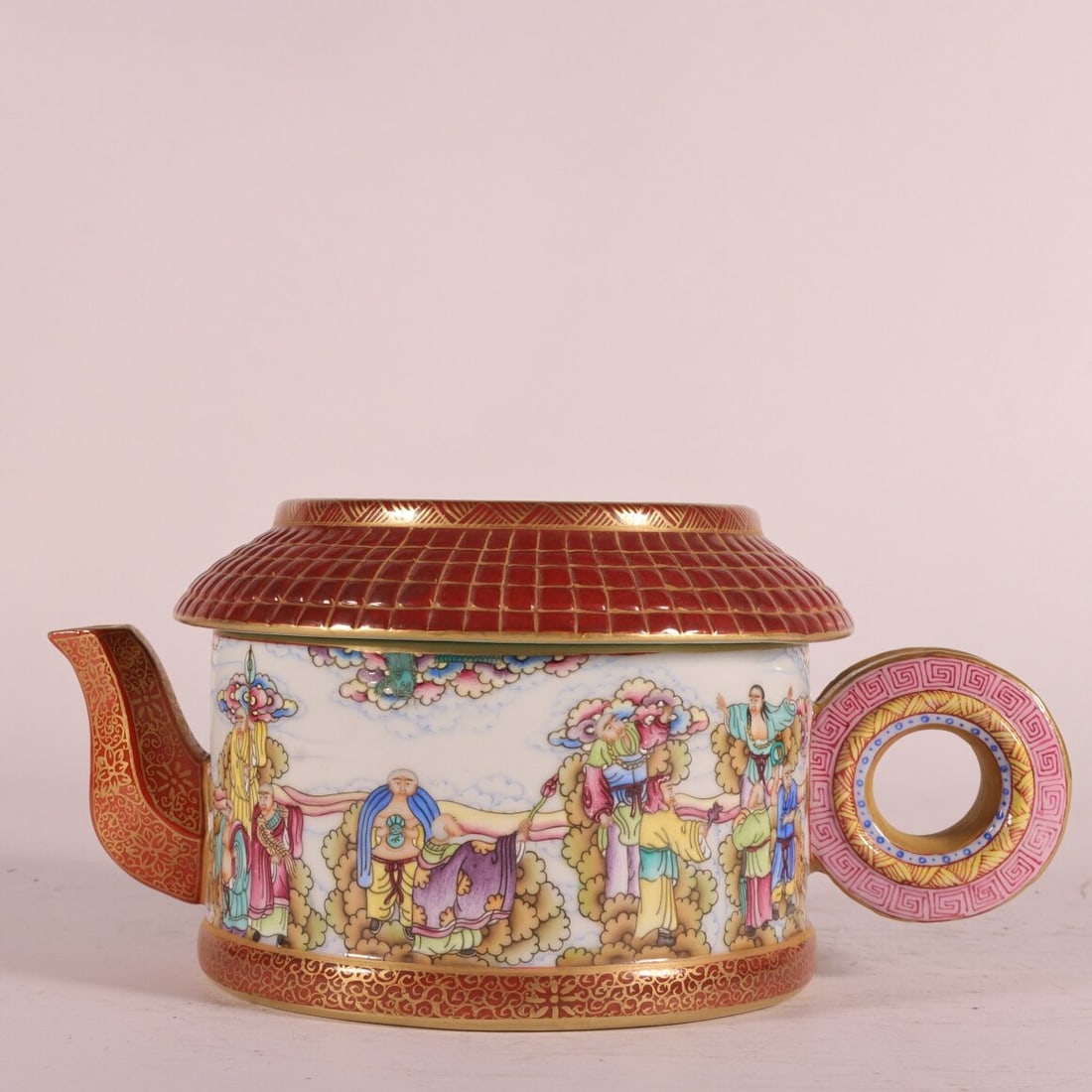 A Exquisite Enamel Painted Gold Arhat Pattern Teapot: A Exquisite Enamel Painted Gold Arhat Pattern Teapot,Qing Dynasty, China,Qianlong Four-character Mark,Size:3.1inx4.3in