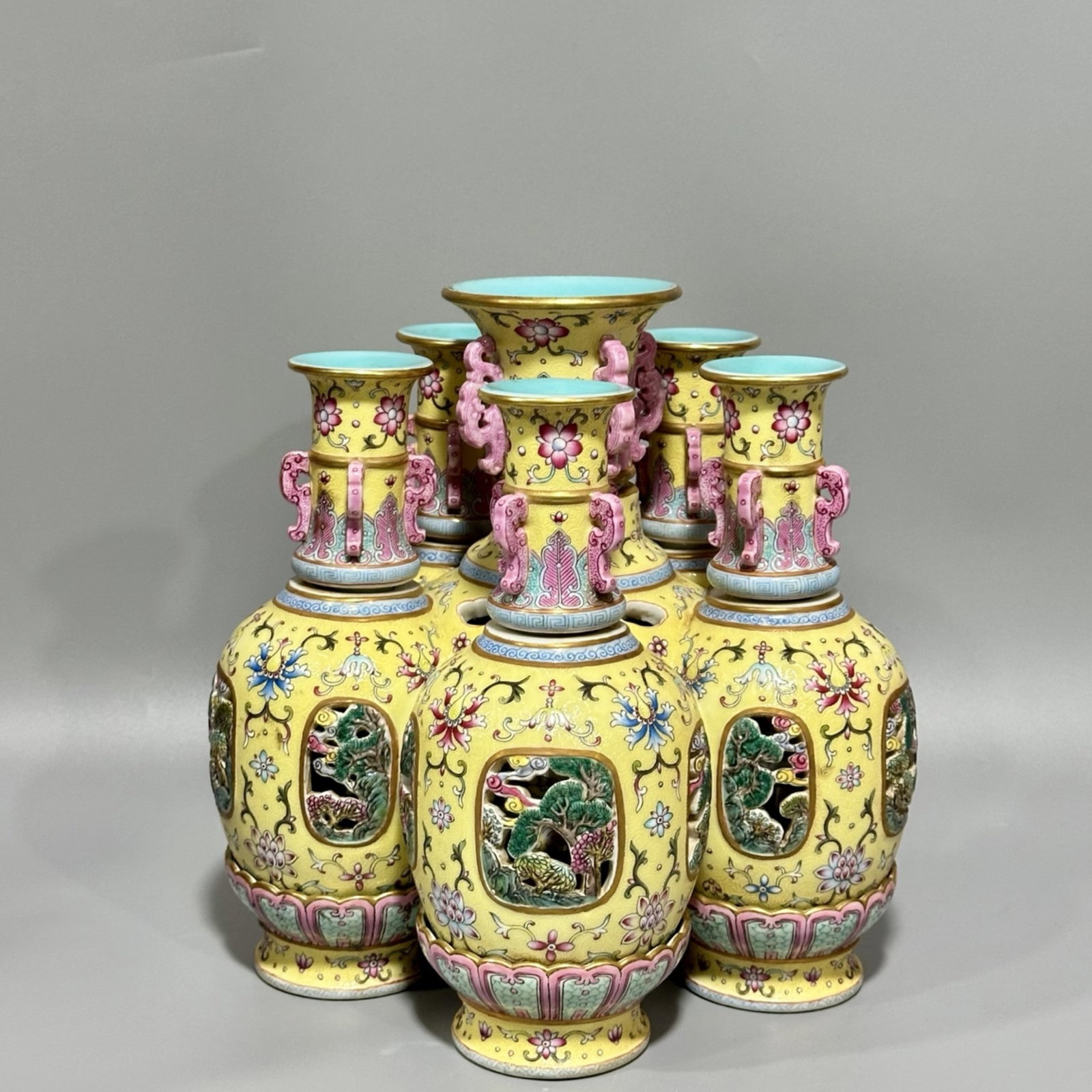 An Exquisite Yellow Ground Famille-Rose Painted Gold Landscape Pattern Conjoined bottles: An Exquisite Yellow Ground Famille-Rose Painted Gold Landscape Pattern Conjoined bottles,Qing Dynasty,China,Qianlong Four-character Mark,Size:10.2inx10.8in