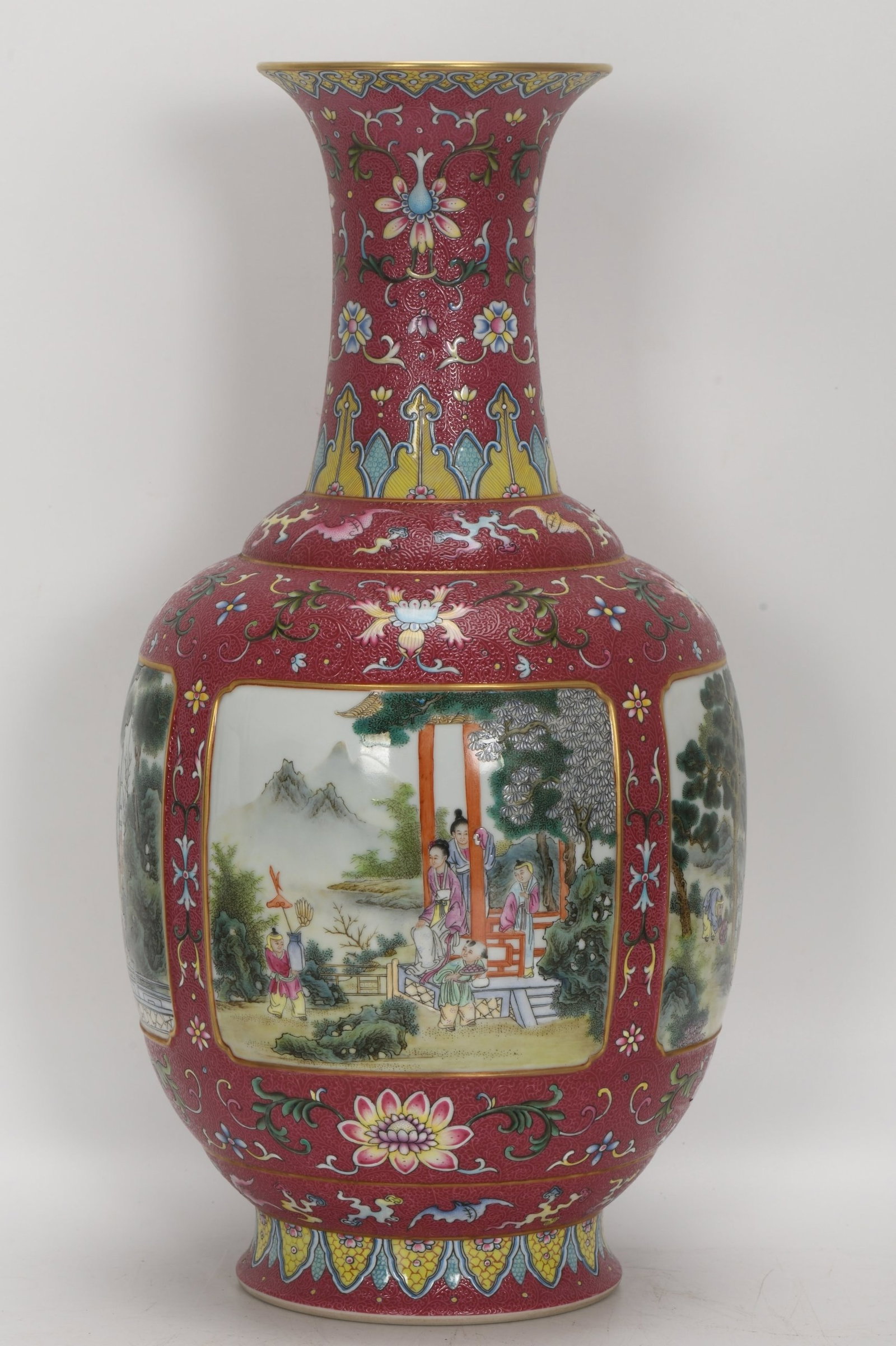 A Huge Enamel Ruby Red-Glazed Character and Story Pattern Vase: A Huge Enamel Ruby Red-Glazed Character and Story Pattern Vase,Qing Dynasty,China,Qianlong Six-character Mark,Size:16.3inx8.3in