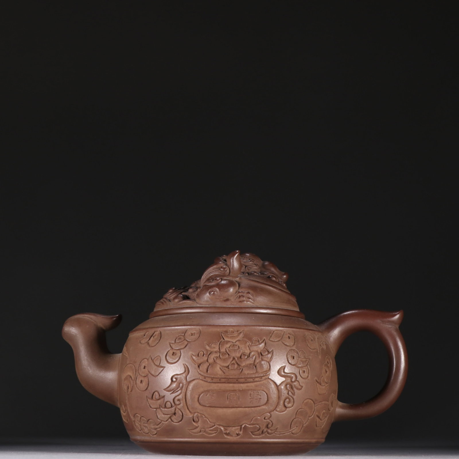 A Rare Purple Sands Cash Pattern Teapot: A Rare Purple Sands Cash Pattern Teapot,Qing Dynasty,China,Zhu Kexin Mark,Size:4.3inx7.3in