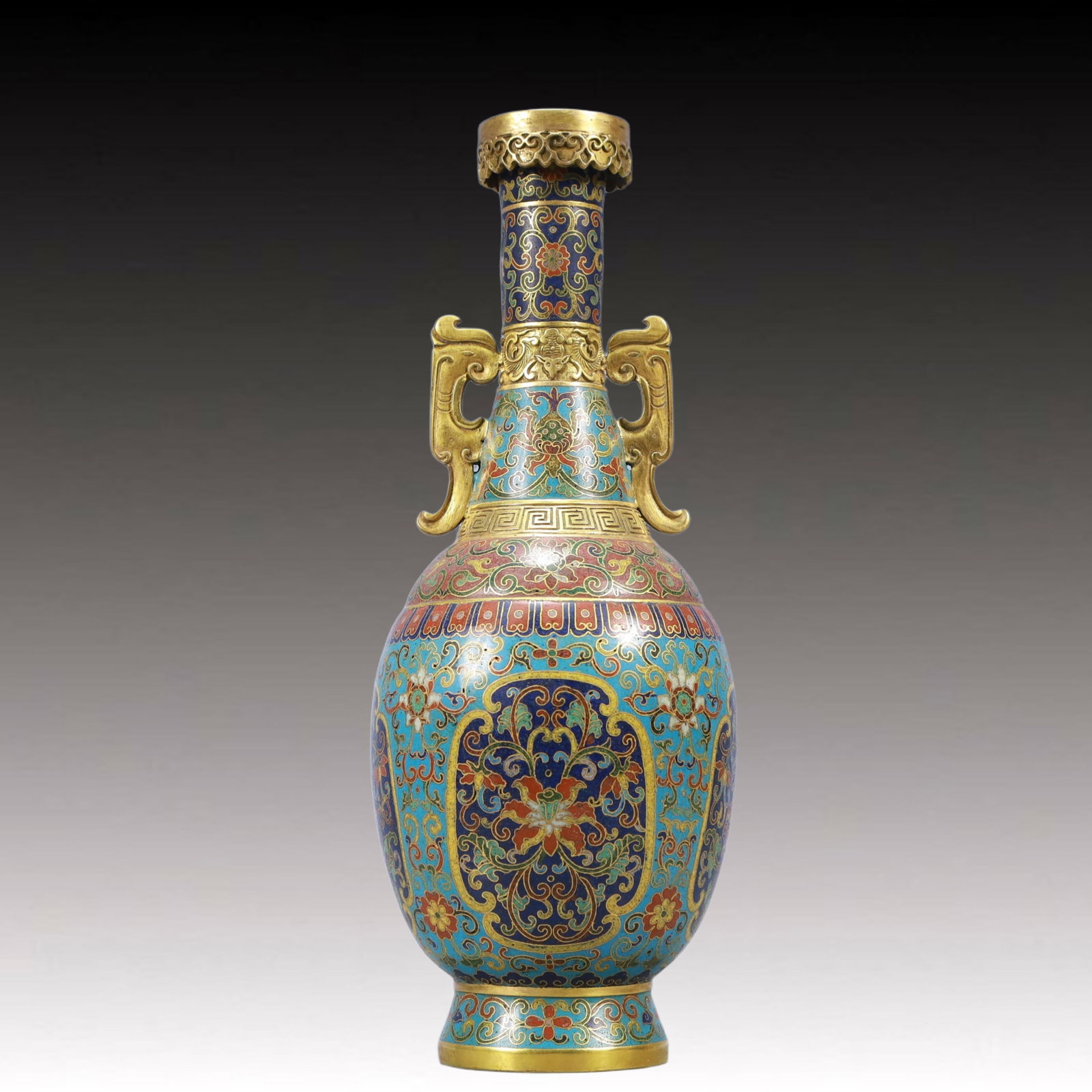 An Exquisite Cloisonne Lotus Pattern Phoenix-Ears Vase: An Exquisite Cloisonne Lotus Pattern Phoenix-EarsVase ,Qing Dynasty, China,Qianlong Six-character Mark,Size：3.9inx10.6in; Weight：1200g