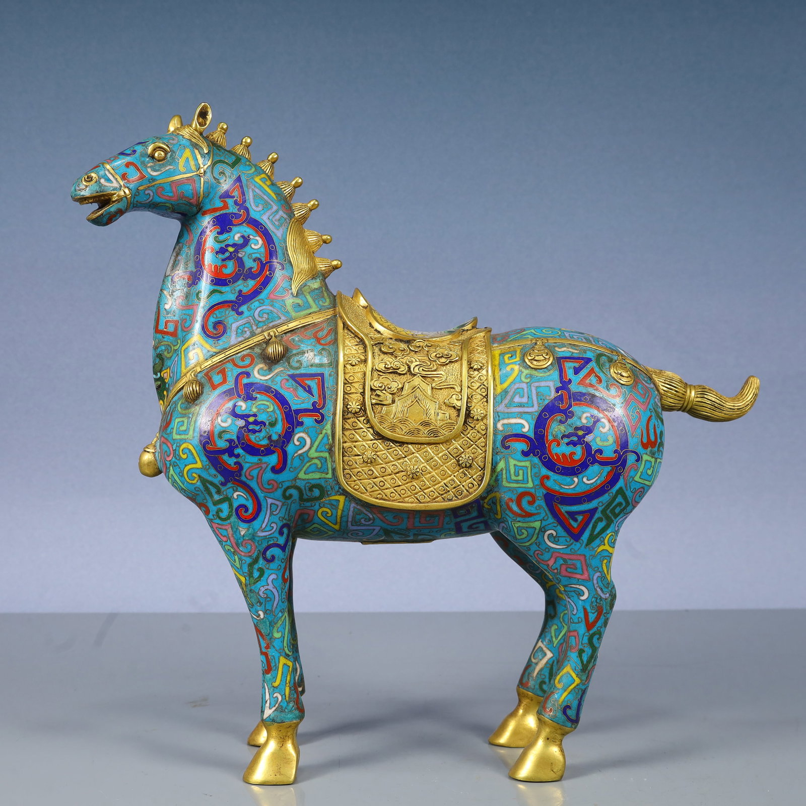 A Rare Cloisonne Auspicious Cloud and Beast-Face Pattern Horse Ornament: A Rare Cloisonne Auspicious Cloud and Beast-Face Pattern Horse Ornament,Qing Dynasty, China,Qianlong Four-character Mark,Size:13inx4.3inx12.6in,Weight:4550g