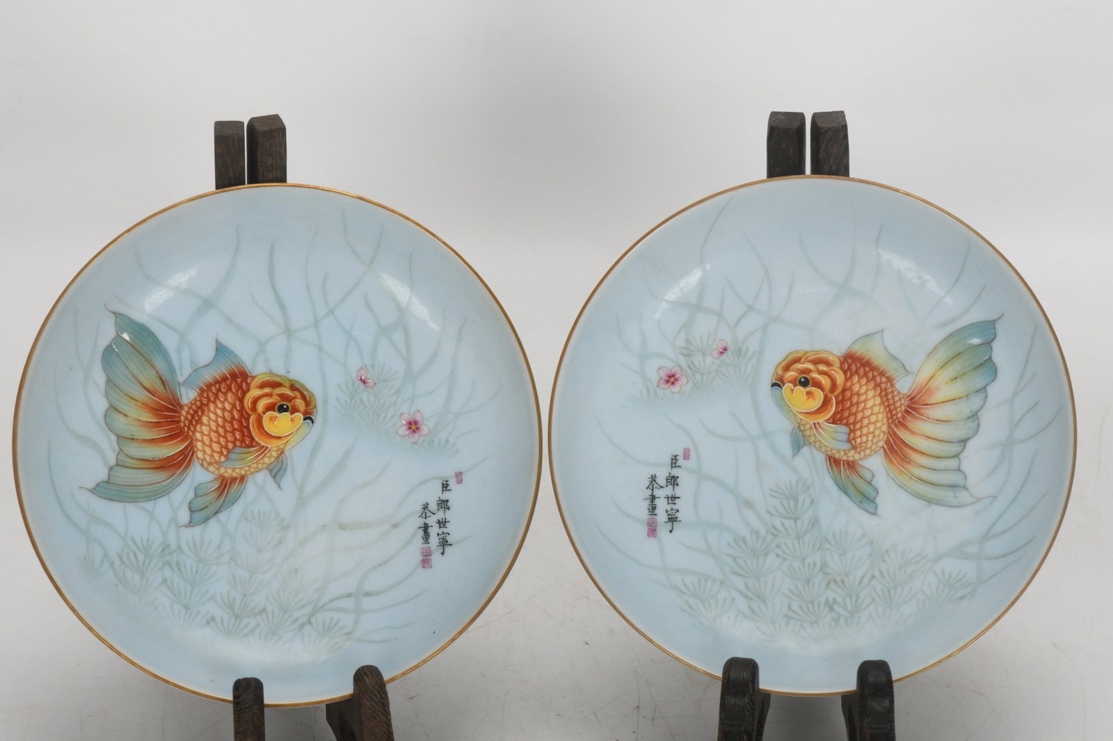 A Pair of Exquisite Enamel Fish Pattern Plates,with poem: A Pair of Exquisite Enamel Fish Pattern Plates,with poem,Qing Dynasty,China,Qianlong Six-character Mark,Size:1.1inx5.4in 一对珐琅彩鱼纹盘子,४