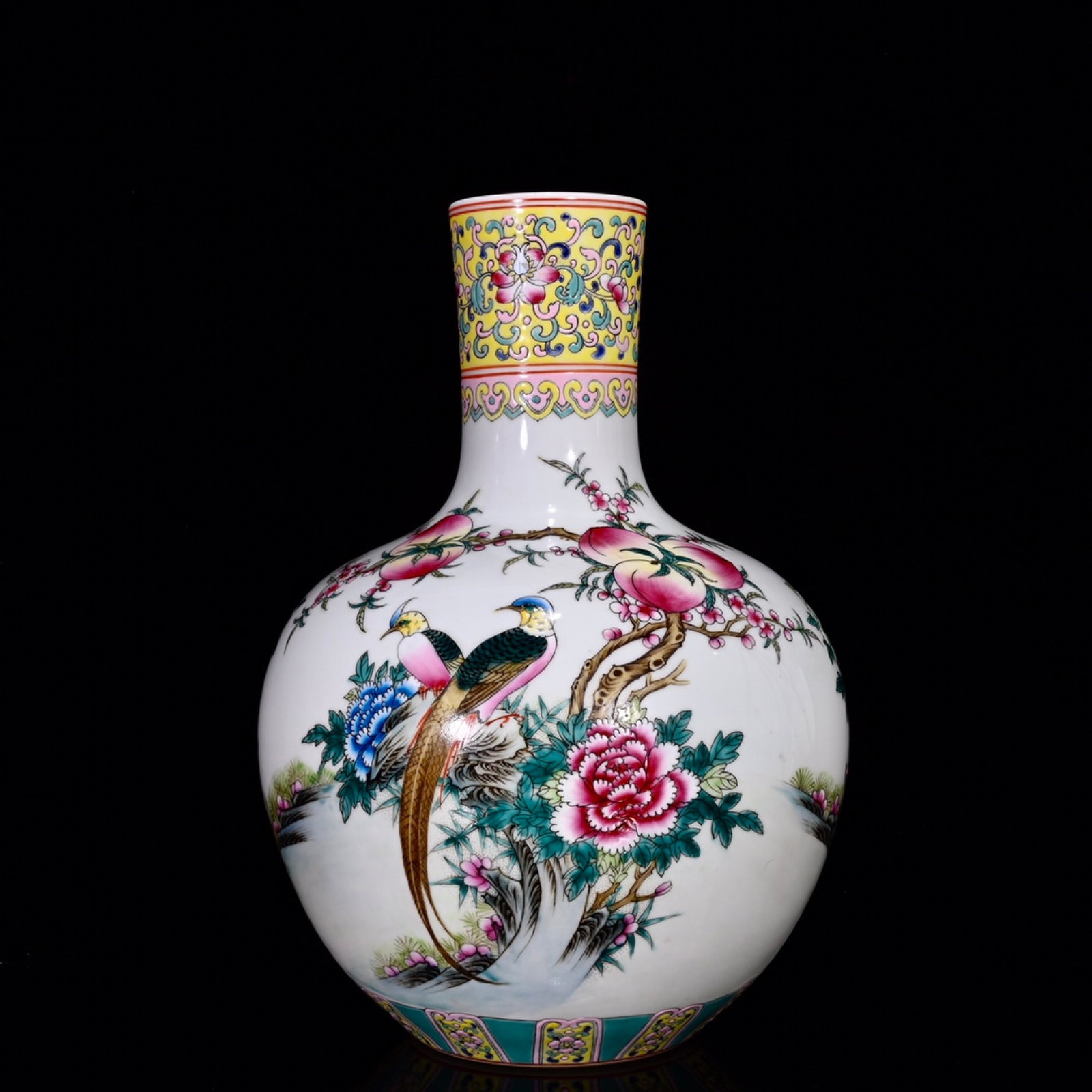A Rare Enamel Flower and Bird Pattern Vase: A Rare Enamel Flower and Bird Pattern Vase,Qing Dynasty,China,Qianlong Six-character Mark,Size:15.4inx10.2in 珐琅彩花鸟纹瓶,中国清代,&