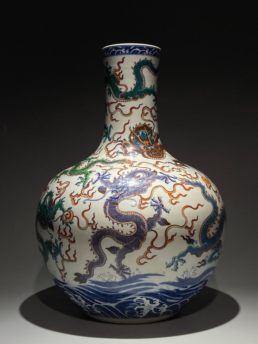 A Huge Blue and White Doucai Seawater and Dragon Pattern Vase: A Huge Blue and White Doucai Seawater and Dragon Pattern Vase,Qing Dynasty,China,Yongzheng Six-character Mark,Size:21.1inx15.4in 青花斗彩海水龙纹瓶