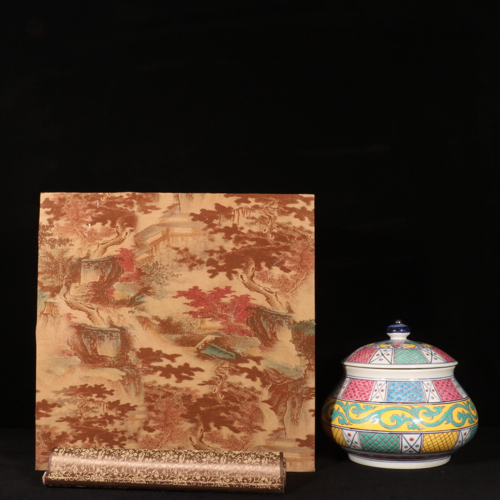 An Exquisite Wucai Lotus Pattern Jar with Cover,with Chinese Vertical Scroll Ink Painting on Silk: An Exquisite Wucai Lotus Pattern Jar with Cover,with Chinese Vertical Scroll Ink Painting on Silk,Ming Dynasty,China,Xuande Six-character Mark,Size:8.5inx9.1in 五彩缠枝莲