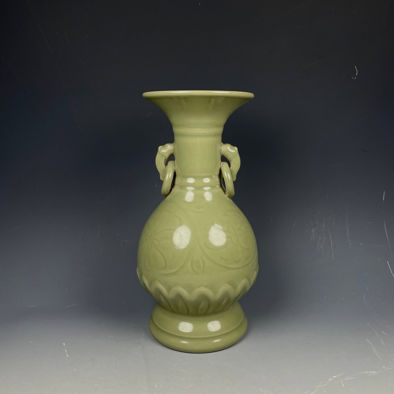 An Exquisite Yue yao Flower Pattern Double-Ears Vase: An Exquisite Yue yao Flower Pattern Double-Ears Vase,Song Dynasty,China,Size:8.3inx4.3in 越窑花卉纹双耳瓶,中国宋代