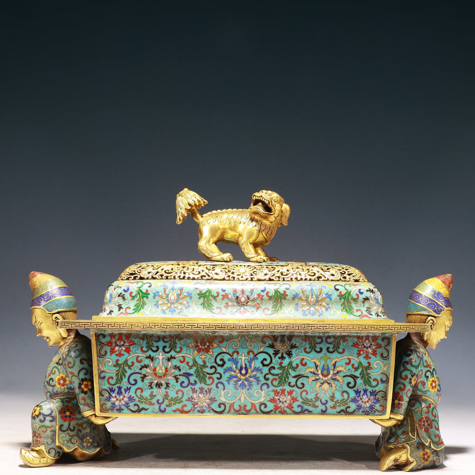 A Rare Cloisonne Lotus Pattern Figure-Ears Censer,With Lion Cover: A Rare Cloisonne Lotus Pattern Figure-Ears Censer,With Lion Cover,Qing Dynasty, China,Qianlong Four-character Mark,Size:14.2inx6.3inx9.1in,Weight:6900g