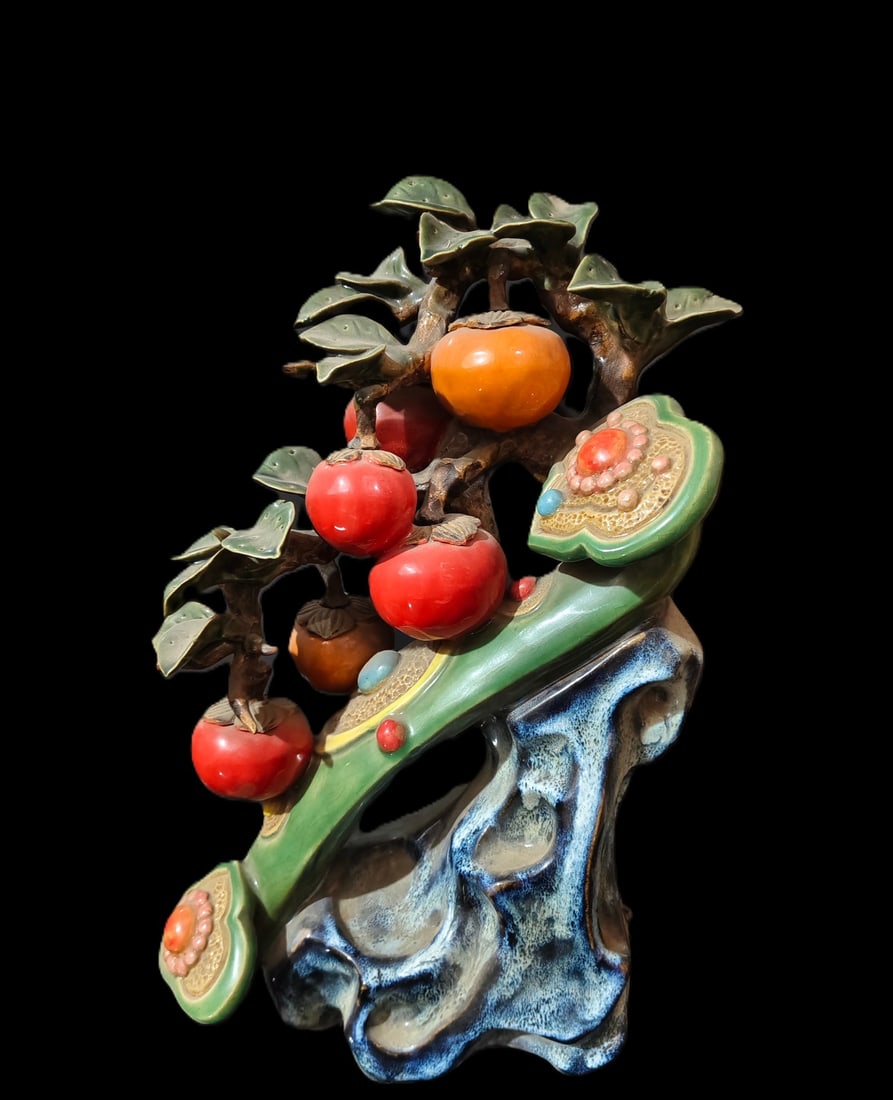 A Huge Shiwan yao Persimmon Ornament: A Huge Shiwan yao Persimmon Ornament,Qing Dynasty, China,Size:11inx5.9inx16.5in 石湾窑柿子摆件,中国清代