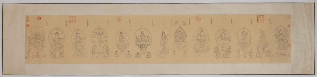 A Chinese Ink Painting of Buddha Statue on Paper: A Chinese Ink Painting of Buddha Statue on Paper,Ding Guanpeng,Size:13.8inx75.6in 一幅中国水墨佛像画,丁观鹏