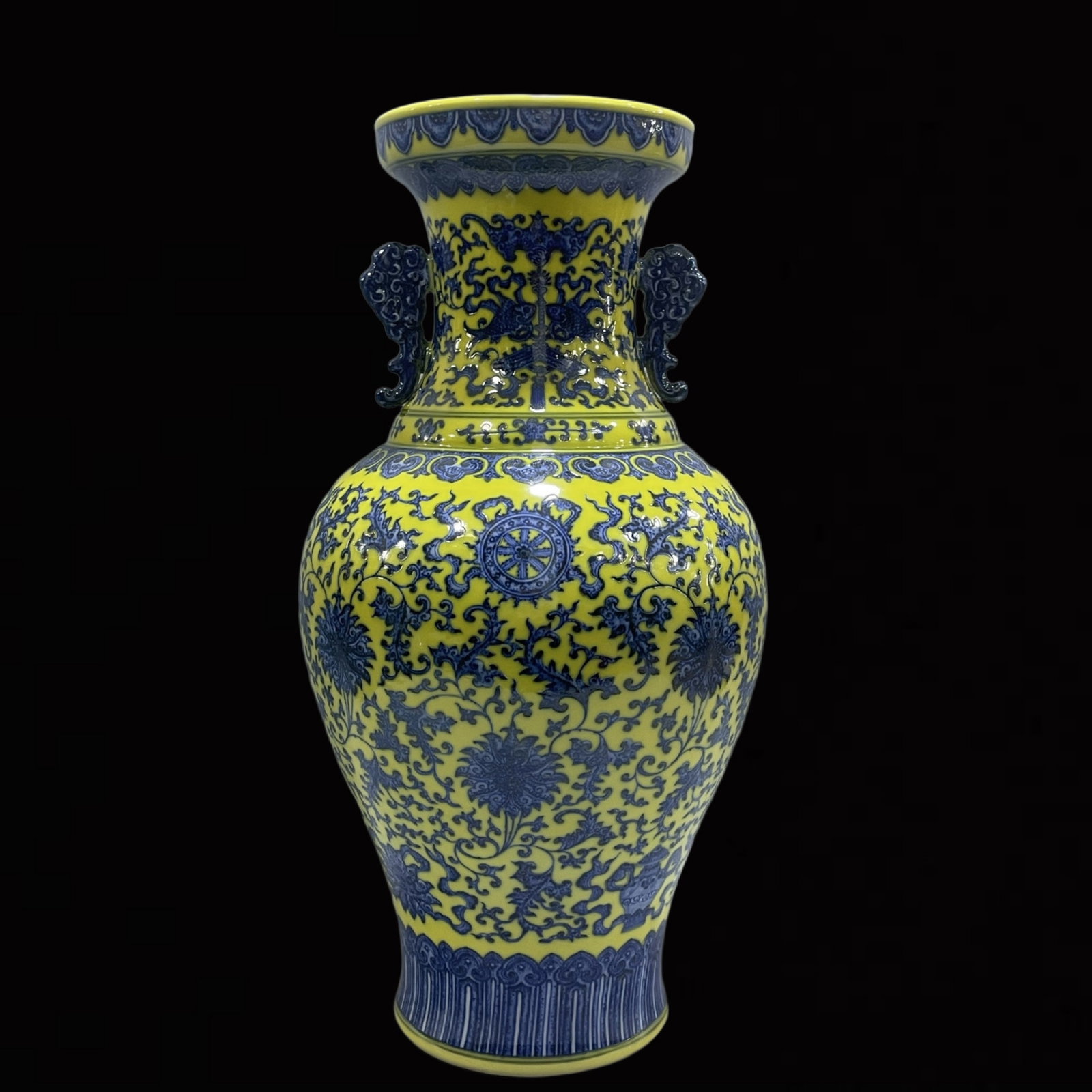 A Huge Yellow Ground Blue and White Lotus Pattern Double-Ears Vase: A Huge Yellow Ground Blue and White Lotus Pattern Double-Ears Vase,Qing Dynasty,China,Qianlong Six-character Mark,Size:17.3inx8.7in