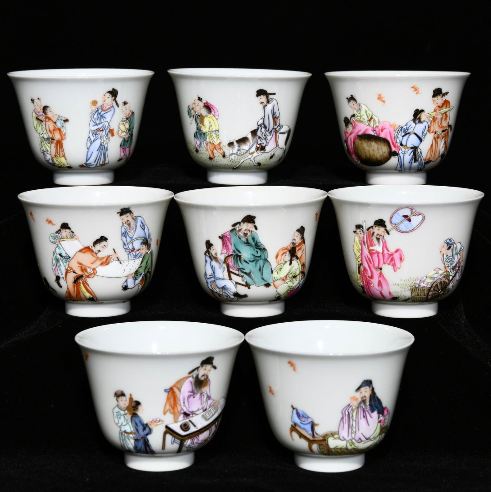 A Set of Fine Famille-Rose Character and Story Pattern Cups,with poem: A Set of Fine Famille-Rose Character and Story Pattern Cups,with poem,Qing Dynasty,China,Yongzheng Six-character Mark,Size:2inx2.6in 一套粉彩人物故事