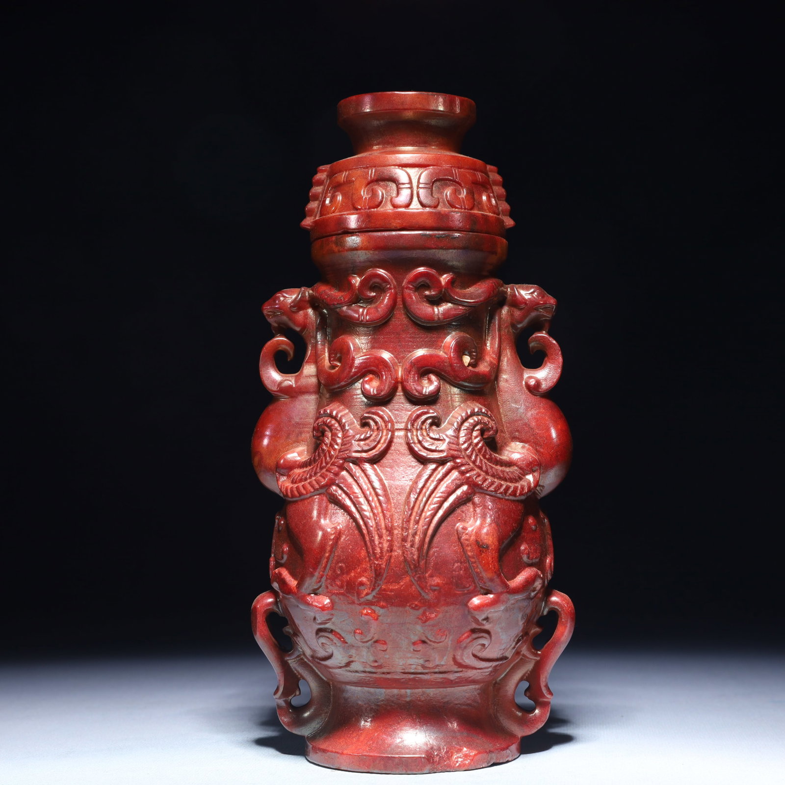 An Exquisite Archaic Jade Chi-Dragon Pattern Double-Ears Bottle (1 of 10)