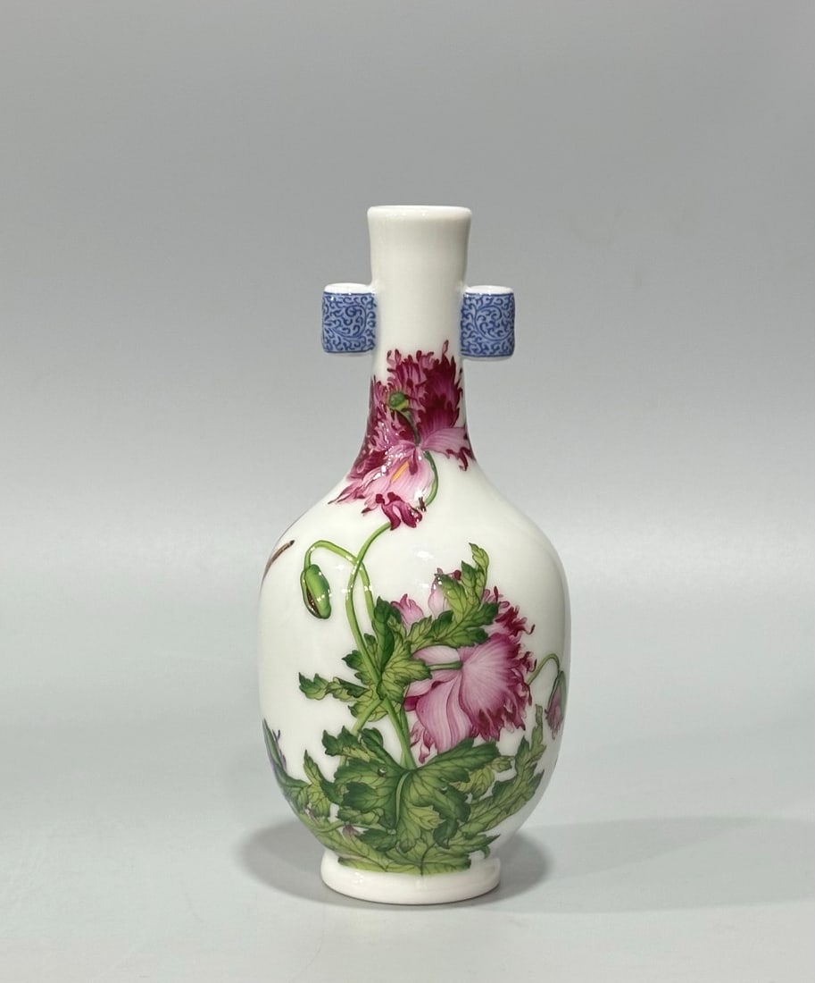An Exquisite Enamel Flower and Butterfly Double-Ears Vase,with poem: An Exquisite Enamel Flower and Butterfly Double-Ears Vase,with poem,Qing Dynasty,China,Qianlong Four-character Mark,Size:5.9inx2.8in 珐琅彩花卉蝴蝶双