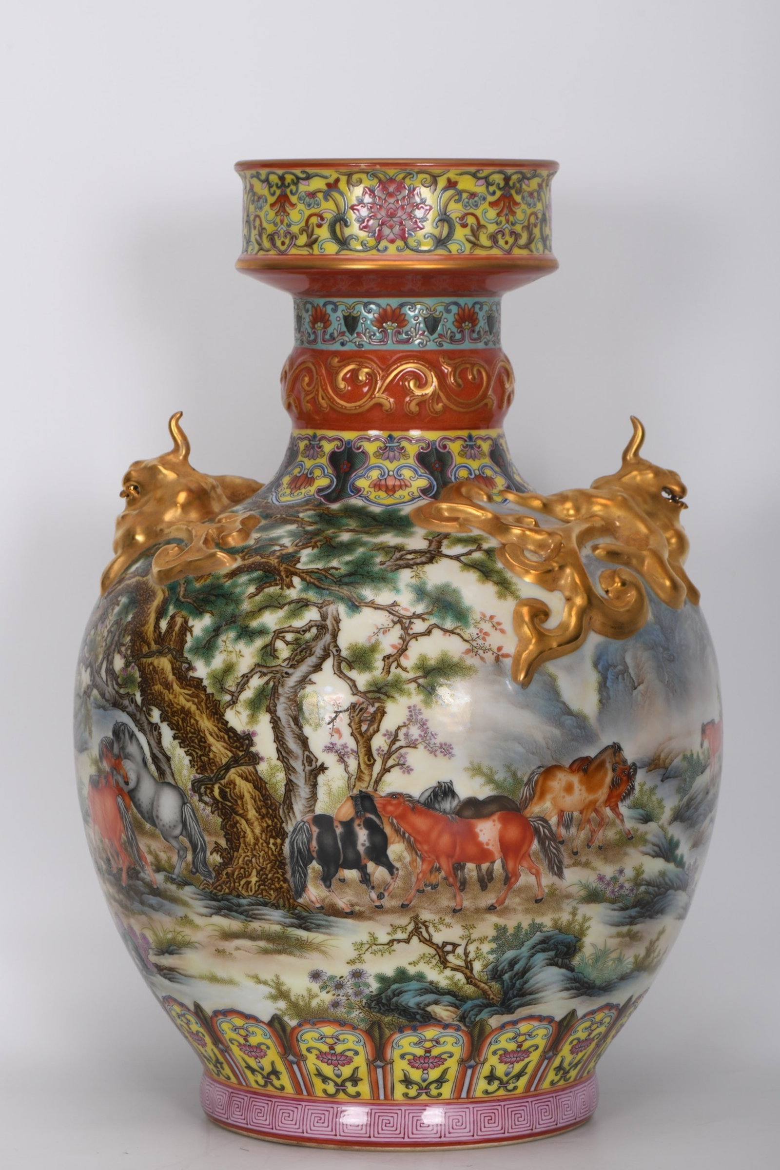 A Huge Enamel Horse Pattern Beast-Ears Vase: A Huge Enamel Horse Pattern Beast-Ears Vase,Qing Dynasty,China,Qianlong Four-character Mark,Size:16.1inx11in