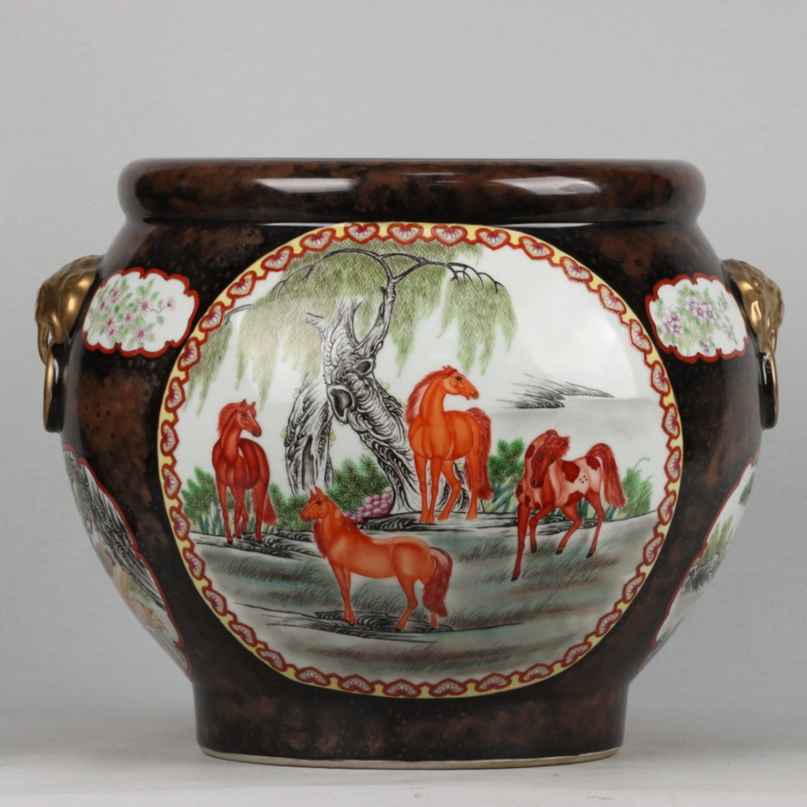 A Rare Enamel Gilt Horse Pattern Beast-Ears Vat: A Rare Enamel Gilt Horse Pattern Beast-Ears Vat,Qing Dynasty,China,Qianlong Six-character Mark,Size:12.6inx15.7in