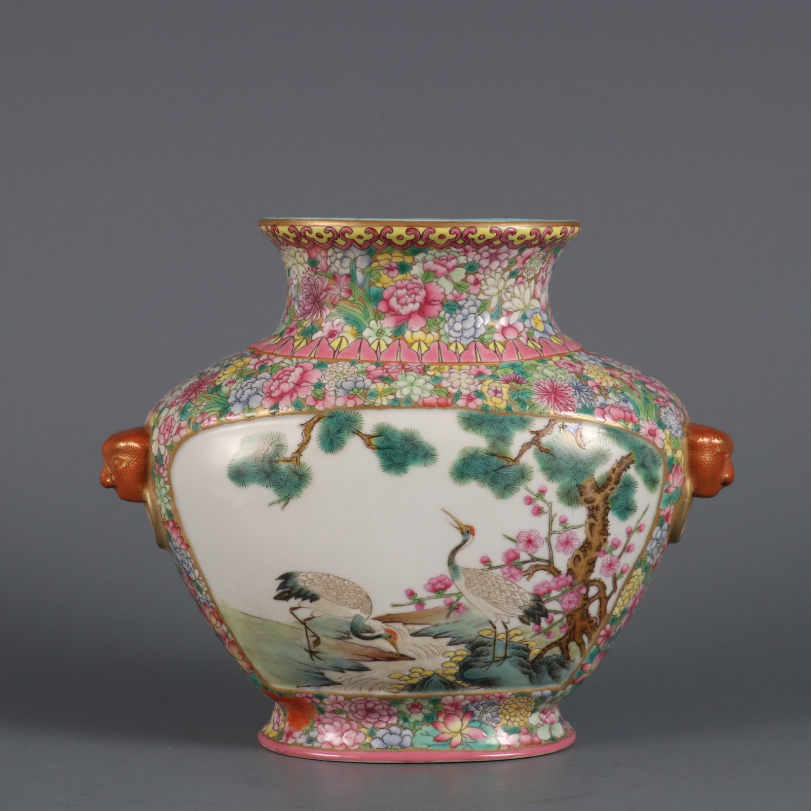 An Exquisite Famille-Rose Pine and Crane Pattern Beast-Ears Vase: An Exquisite Famille-Rose Pine and Crane Pattern Beast-Ears Vase,Qing Dynasty,China,Qianlong Six-character Mark,Size:5.7inx6.7in