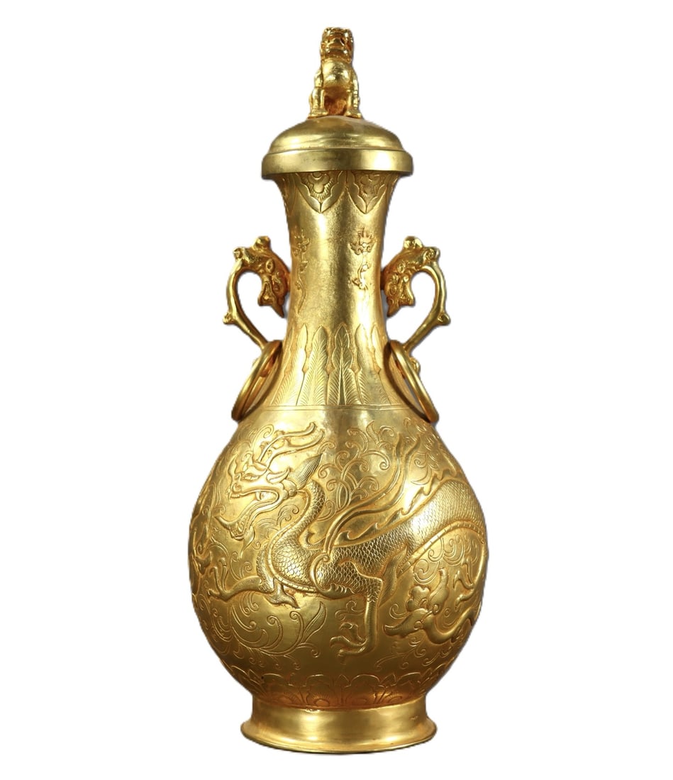 An Exquisite Gilt Bronze Lotus and Dragon Pattern Double-Ears Bottle: An Exquisite Gilt Bronze Lotus and Dragon Pattern Double-Ears Bottle,Qing Dynasty,China,Qianlong Four-character Mark,Size:11.6inx4.3in,Weight:1260g 铜鎏金缠枝莲(