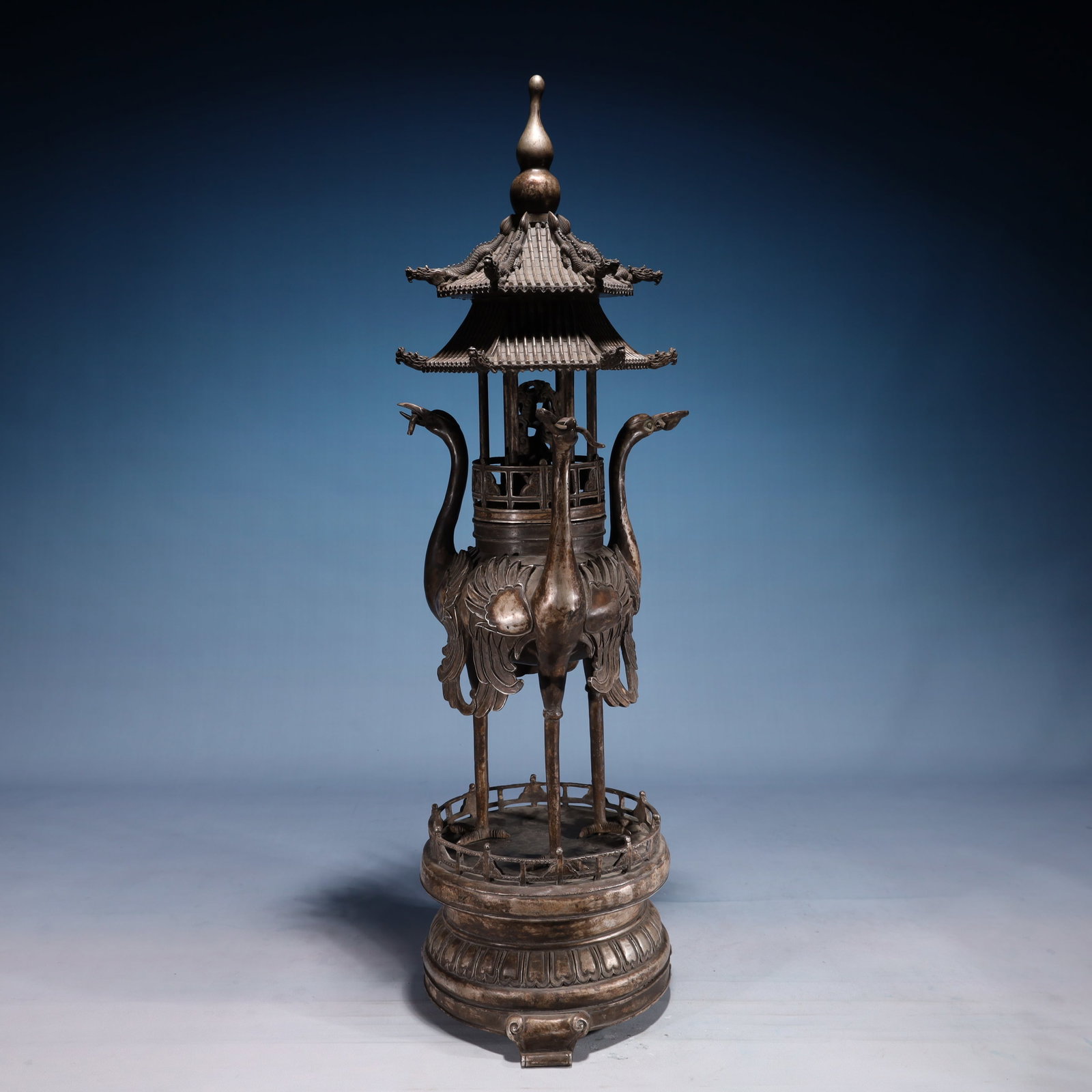 An Exquisite Silver-plated Bronze Crane Tripod Censer: An Exquisite Silver-plated Bronze Crane Tripod Censer,Qing Dynasty,China,Size:9.8inx30.7in,Weight:8600g