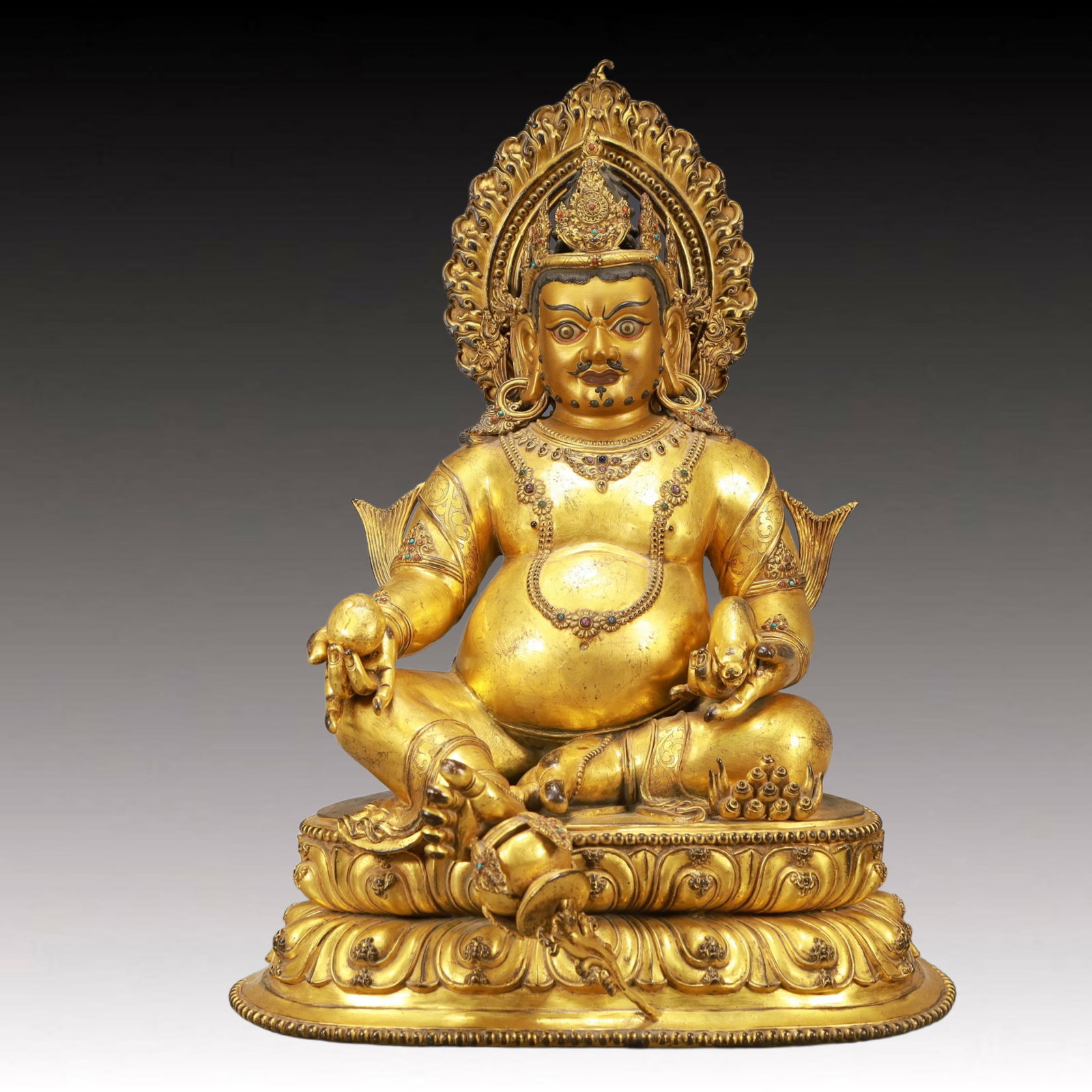 A Solemn Gilt Bronze Statue of Mammon,Inlaid Turquoise,With Inscription: A Solemn Gilt Bronze Statue of Mammon,Inlaid Turquoise,With Inscription,Ming Dynasty, China,Size:15.4inx13.8inx20.5in,Weight:13400g