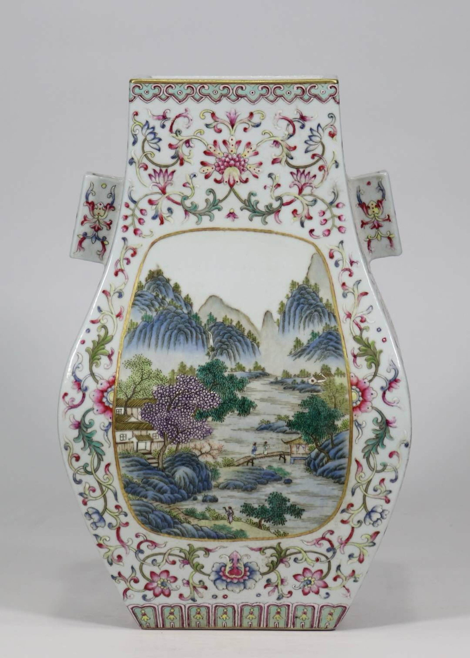 A Rare Famille-Rose Landscape Pattern Double-Ears Vase: A Rare Famille-Rose Landscape Pattern Double-Ears Vase,Qing Dynasty,China,With Mark,Size:12.6inx7.9in 粉彩山水纹双耳瓶,中国清代,