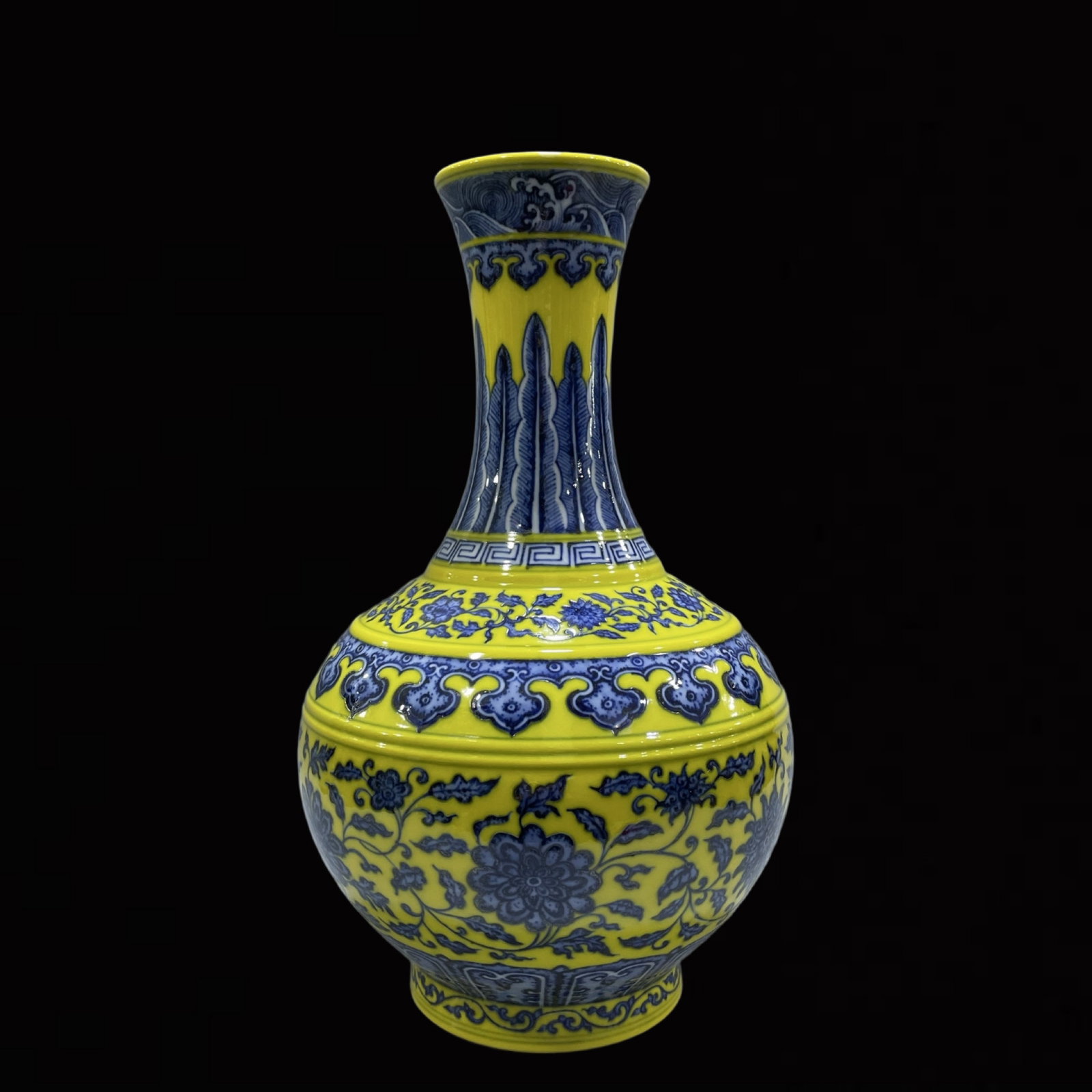 A Huge Yellow Ground Blue and White Lotus Pattern Vase: A Huge Yellow Ground Blue and White Lotus Pattern Vase,Qing Dynasty,China,Qianlong Six-character Mark,Size:15.4inx8.7in 黄地青花缠枝莲纹瓶,中