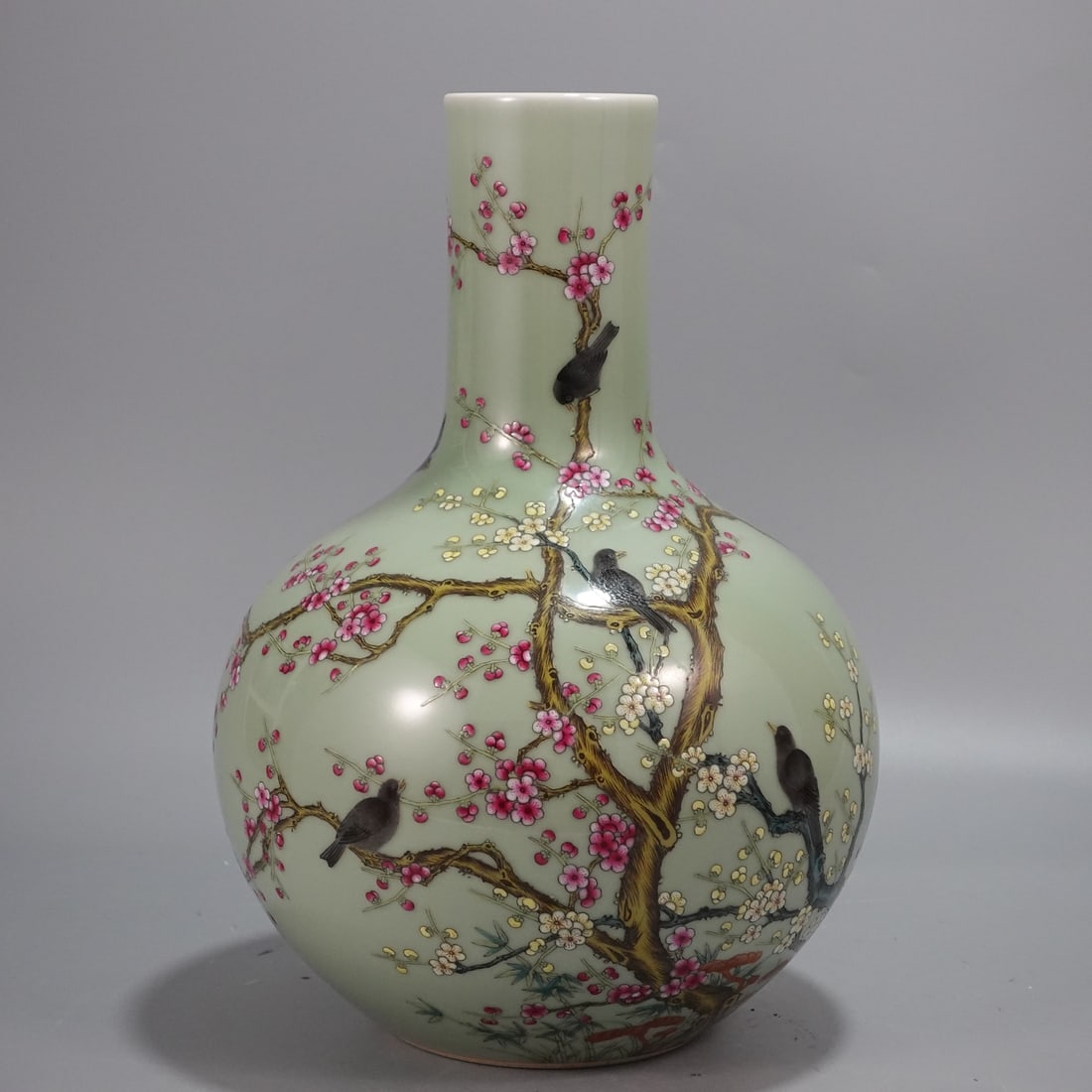 A Rare Famille-Rose Celadon Glazed Flower and Bird Pattern Vase (1 of 9)