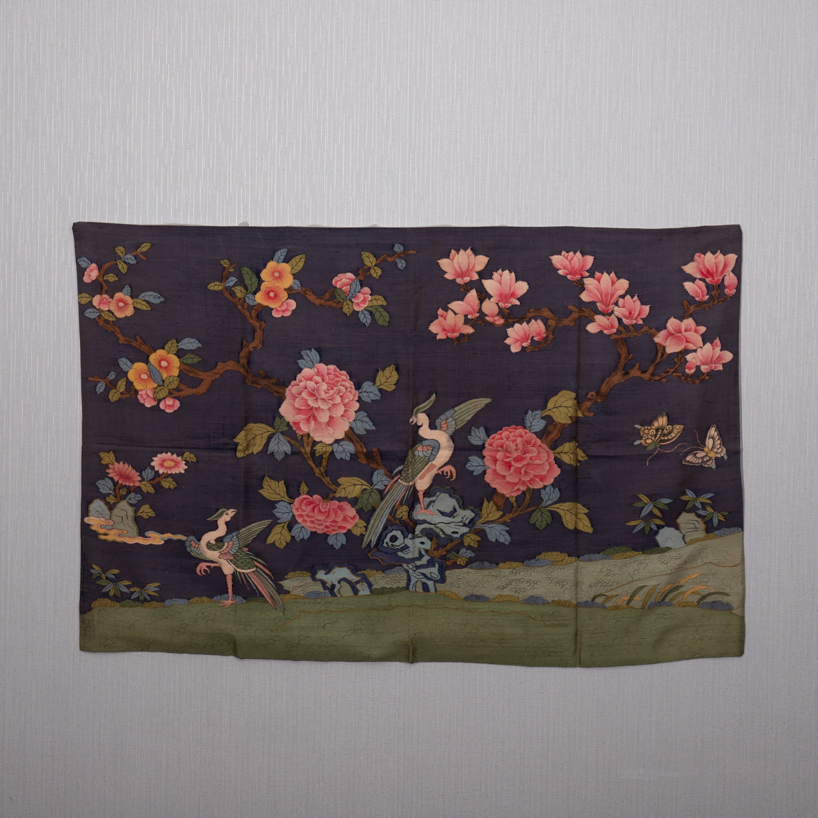 An Exquisite Kesi Embroidery Flower and Bird Pattern: An Exquisite Kesi Embroidery Flower and Bird Pattern,Qing Dynasty,China,Size:51.2inx33.9in 缂丝刺绣花鸟图,中国清代