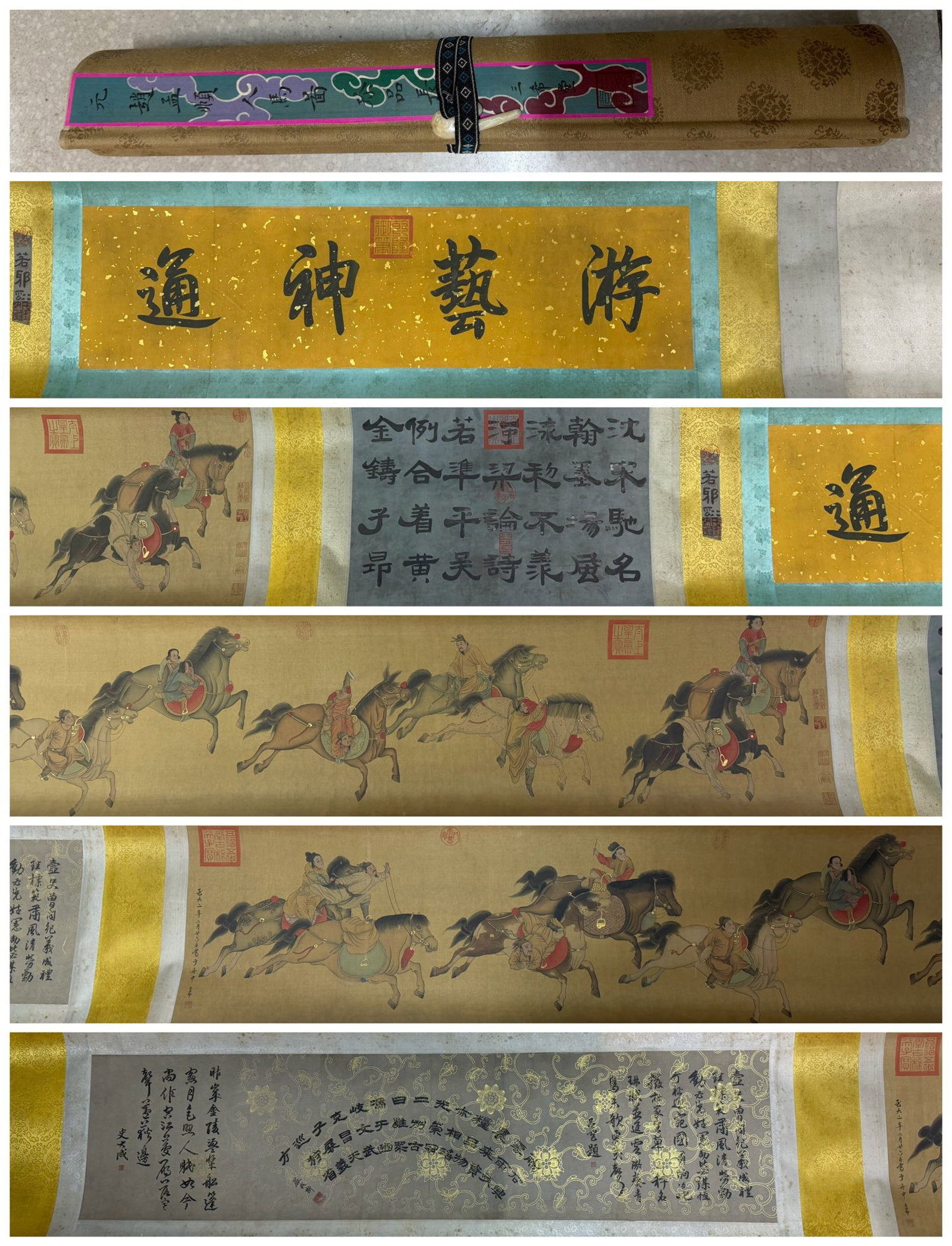 A Chinese Hand Scroll Ink Painting of Figure Riding Horse on Silk: A Chinese Hand Scroll Ink Painting of Figure Riding Horse on Silk,Zhao Mengfu,Size:(Without frame)106.3inx16.9in,(entirety)307.1inx16.9in 一幅中国水墨绢ੑ
