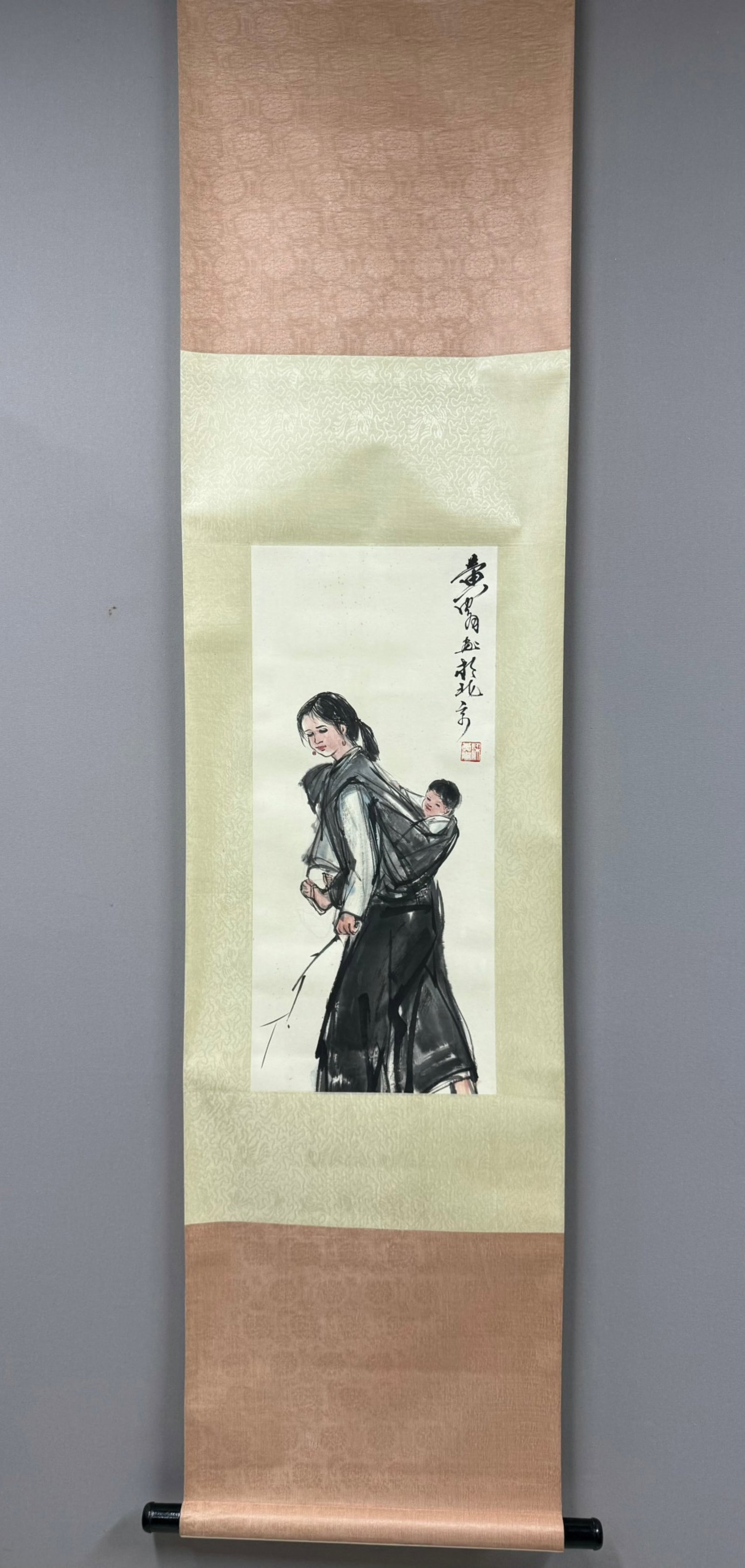 A Chinese Vertical Scroll Ink Painting of Figure on Paper: A Chinese Vertical Scroll Ink Painting of Figure on Paper,Huang Zhou,Size:26.4inx11.8in 一幅中国水墨人物画立轴,黄胄