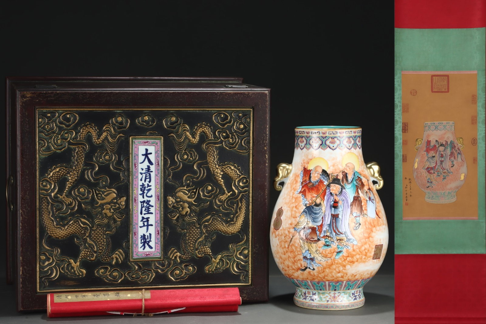A Huge Famille-Rose Gilt Character and Story Pattern Elephant-Ears Vase,with poem,with Chinese: A Huge Famille-Rose Gilt Character and Story Pattern Elephant-Ears Vase,with poem,with Chinese Vertical Scroll Ink Painting on Silk,Qing Dynasty,China,Qianlong Four-character Mark,Size:(Without frame)