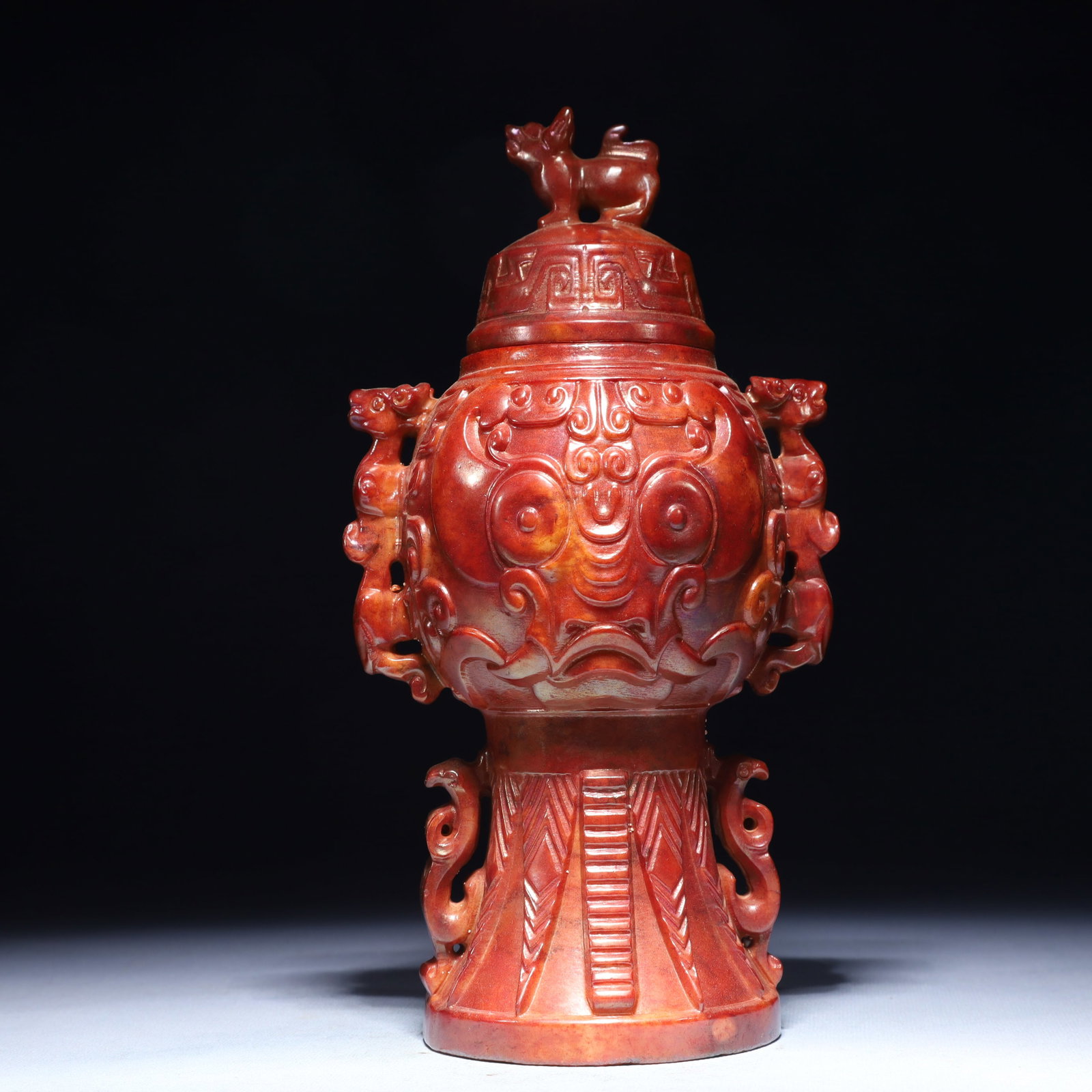 An Exquisite Archaic Jade Beast-Face Pattern Double-Ears Bottle: An Exquisite Archaic Jade Beast-Face Pattern Double-Ears Bottle,Ancient Time,China,Size:5.1inx3.9inx9.4in,Weight:2250g