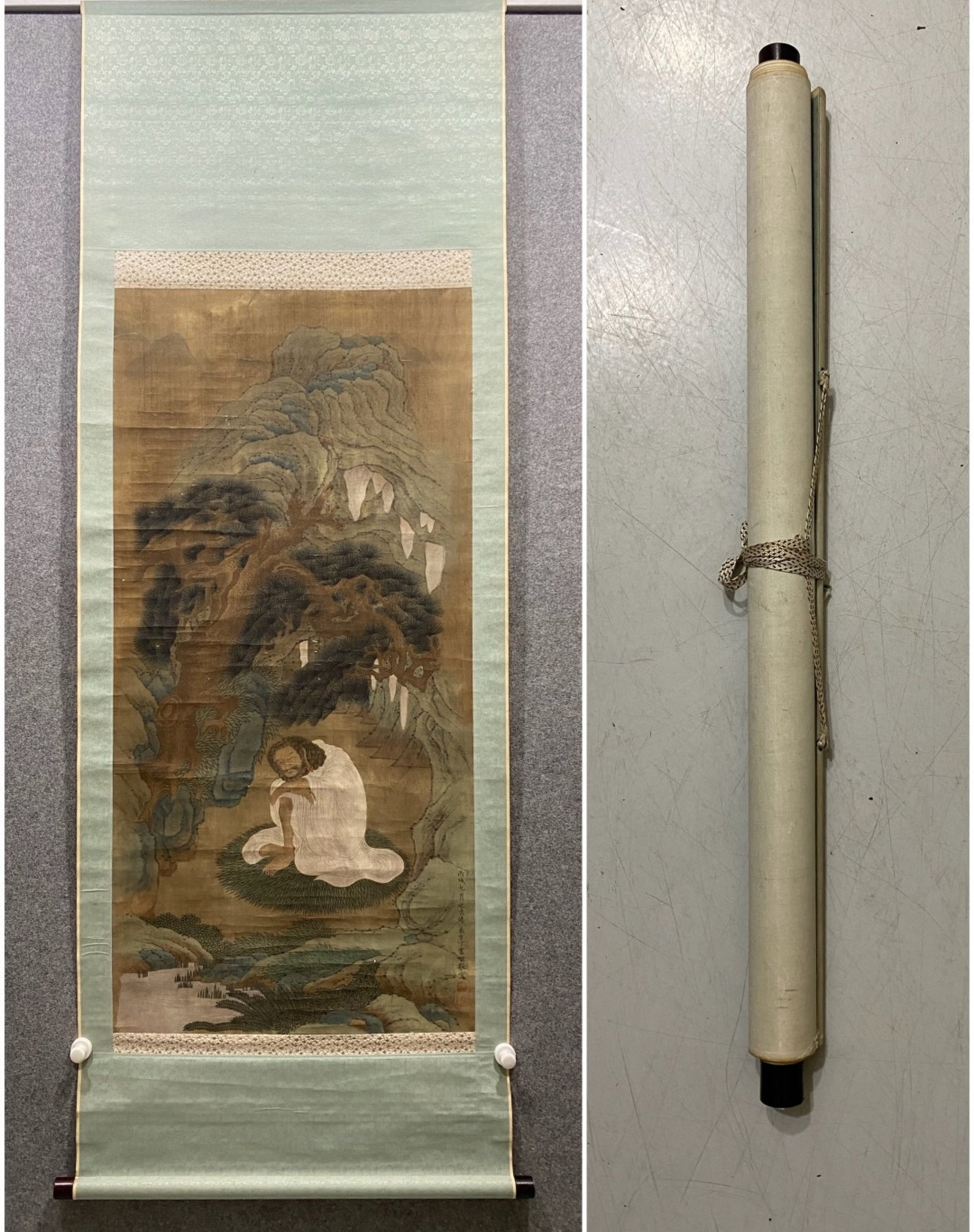 A Chinese Vertical Scroll Ink Painting of Landscape and Figure on Silk: A Chinese Vertical Scroll Ink Painting of Landscape and Figure on Silk,Ding Yunpeng,Size:47.2inx22.8in 一幅中国水墨绢本山水人物&