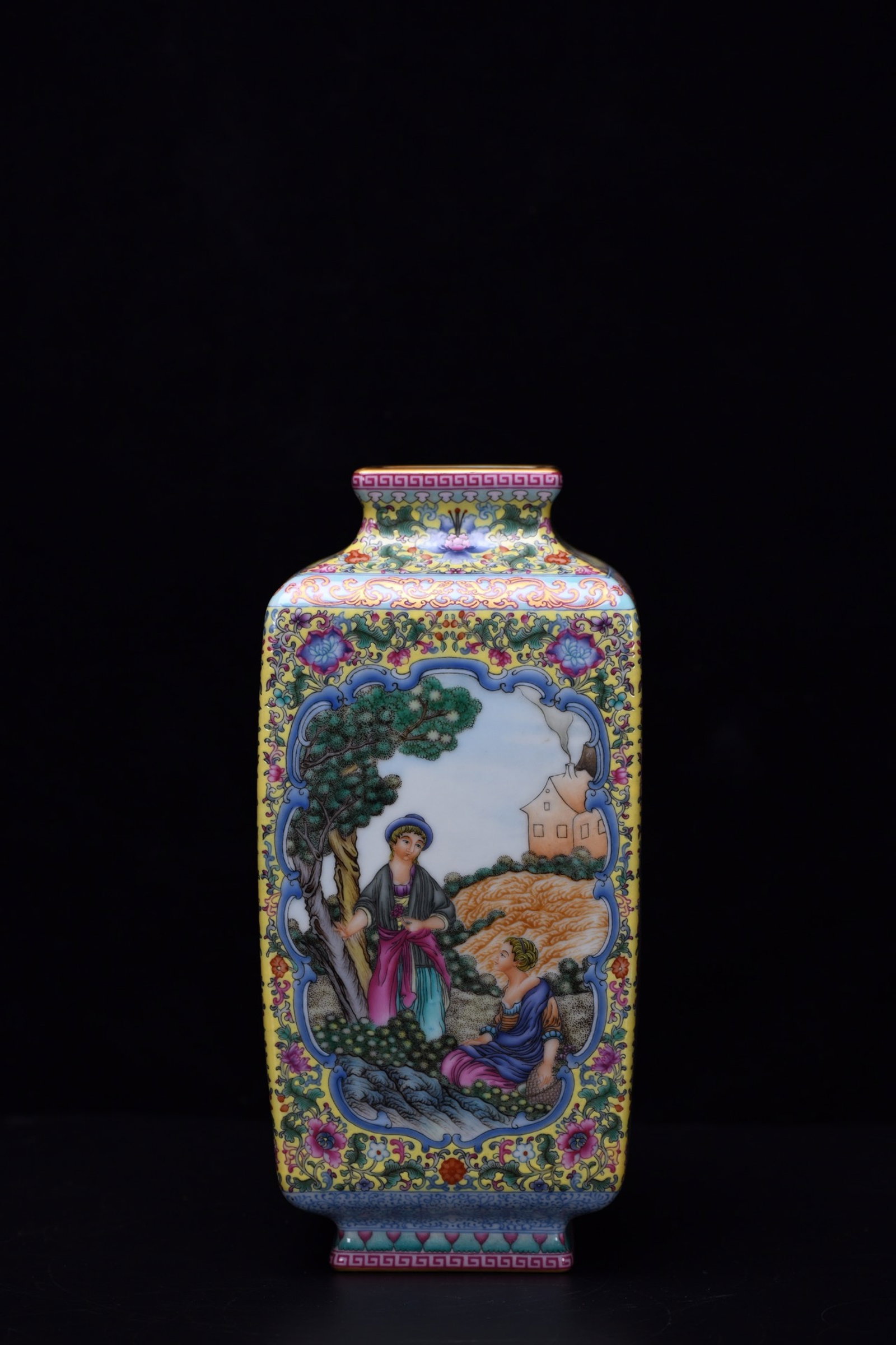 An Exquisite Yellow Ground Enamel Character and Story Pattern Vase: An Exquisite Yellow Ground Enamel Character and Story Pattern Vase,Qing Dynasty,China,Qianlong Four-character Mark,Size:10.4inx4.7in 黄地珐琅彩人物故