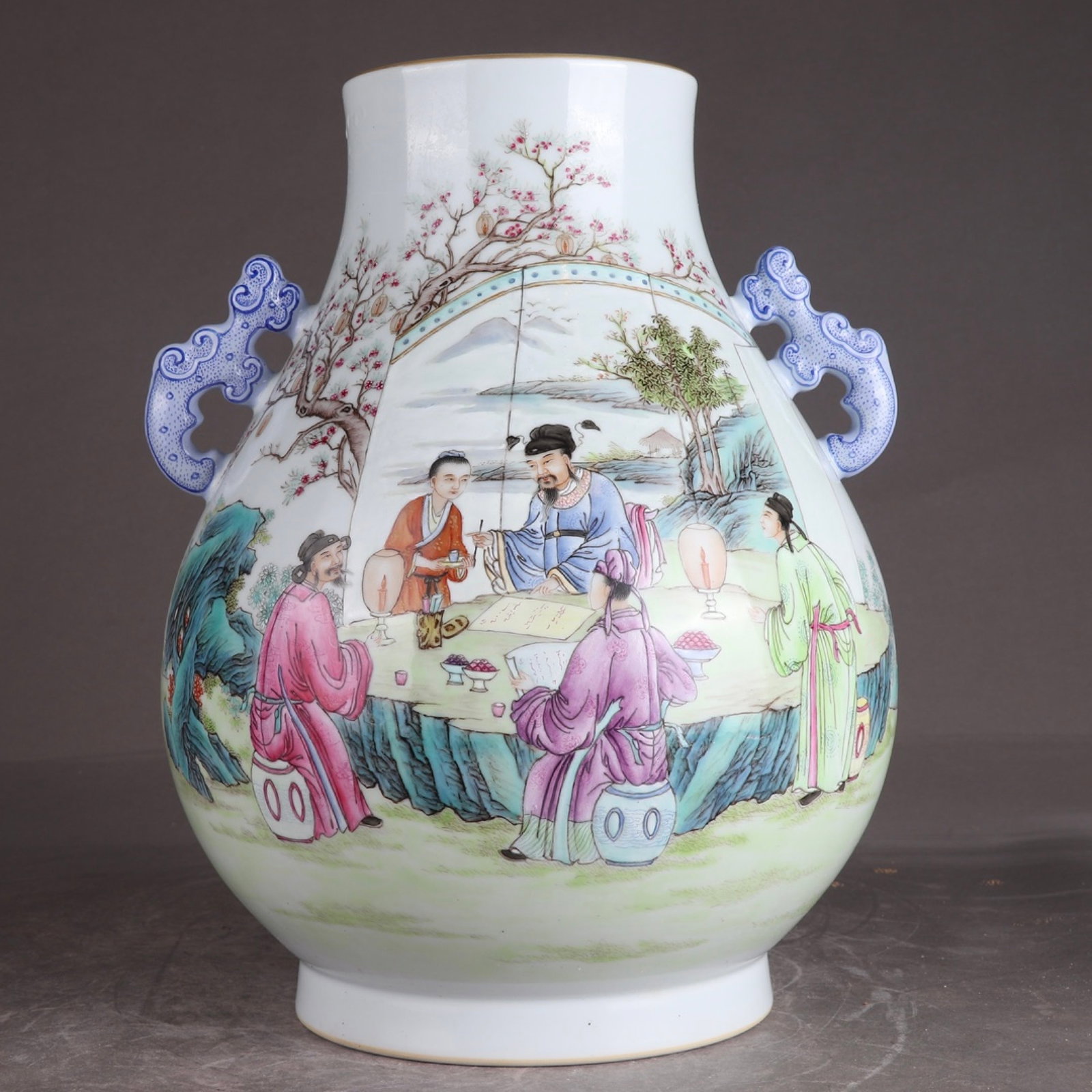An Exquisite Famille-Rose Character and Story Pattern Double-Ears Vase: An Exquisite Famille-Rose Character and Story Pattern Double-Ears Vase,Qing Dynasty,China,Yongzheng Six-character Mark,Size:10.7inx8.7in 粉彩人物故事纹双