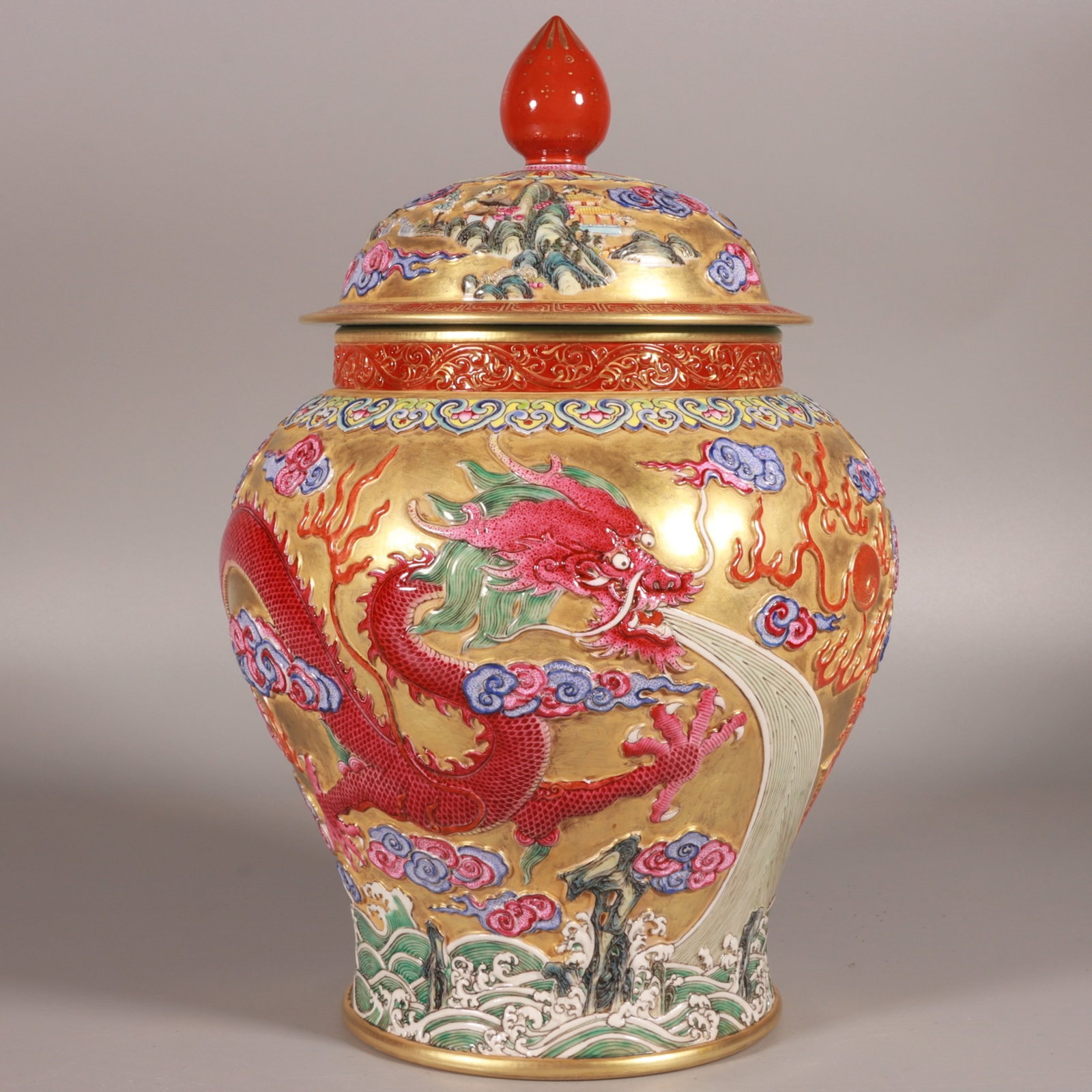 An Exquisite Gold Ground Enamel Auspicious Cloud and Dragon Pattern Jar with Cover: An Exquisite Gold Ground Enamel Auspicious Cloud and Dragon Pattern Jar with Cover,Qing Dynasty,China,Qianlong Six-character Mark,Size:10.6inx7.1in
