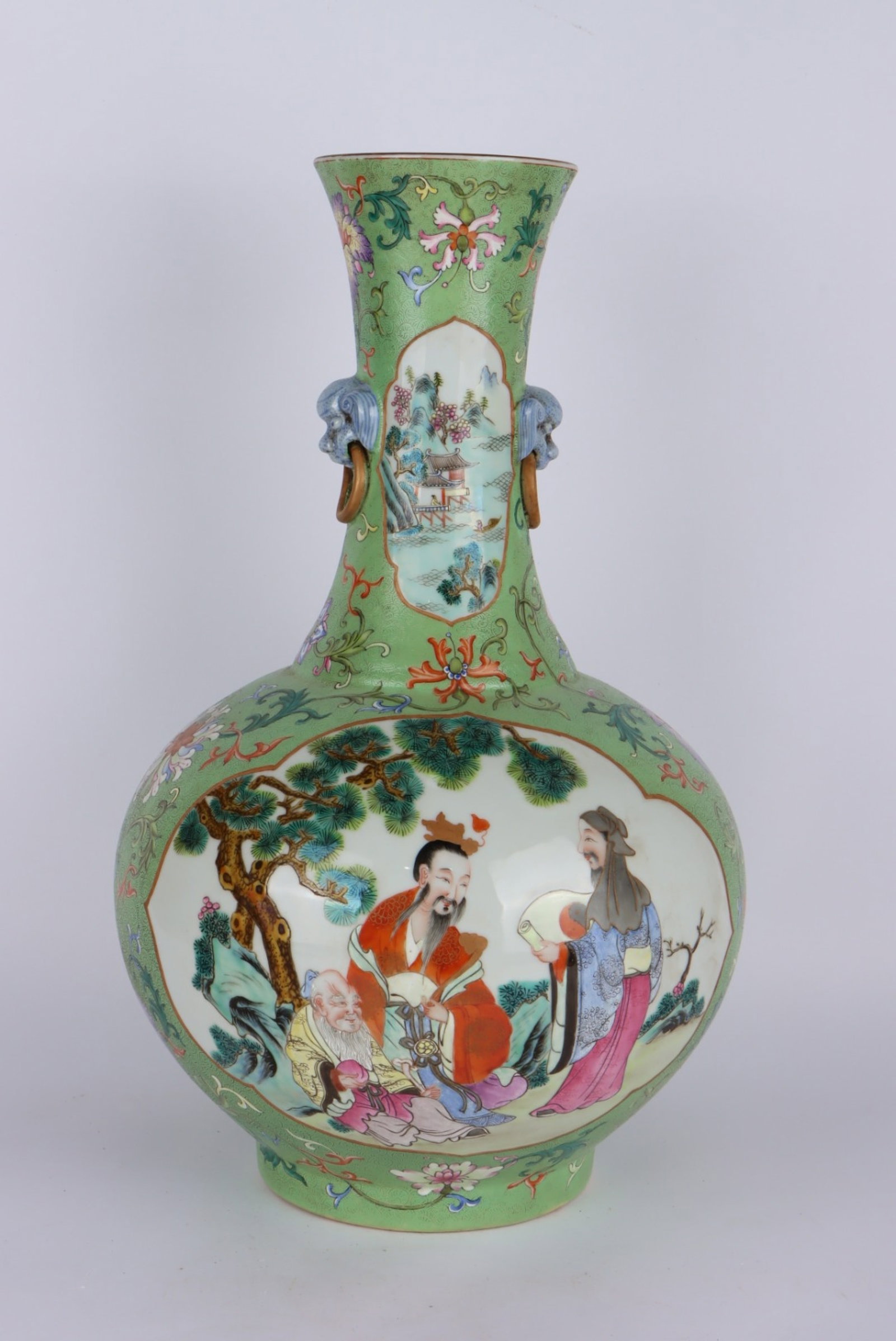 A Rare Famille-Rose Green Ground Painted Gold Landscape and Figure Pattern Beast-Ears Vase: A Rare Famille-Rose Green Ground Painted Gold Landscape and Figure Pattern Beast-Ears Vase,Qing Dynasty,China,Qianlong Six-character Mark,Size:15.4inx9.4in