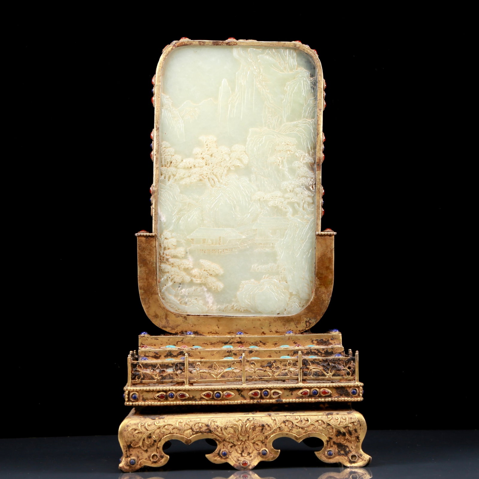 A Perfect Gilt Bronze Inlaid White Jade Landscape Pattern Table Screen: A Perfect Gilt Bronze Inlaid White Jade Landscape Pattern Table Screen，Qing Dynasty, China，Size:8.3inx6.3inx15in，Weight:3140g 铜鎏金嵌白玉ì