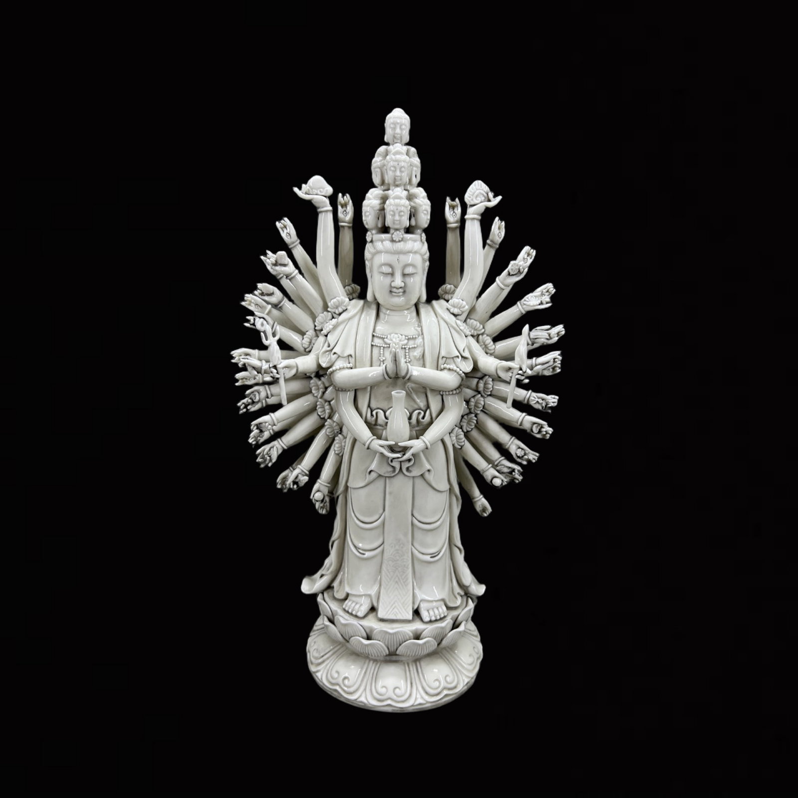 A Solemn Blance-De-Chine Statue of Thousand-hand Guanyin: A Solemn Blance-De-Chine Statue of Thousand-hand Guanyin,Ming Dynasty,China,He Chaozong Mark,Size:20.1in