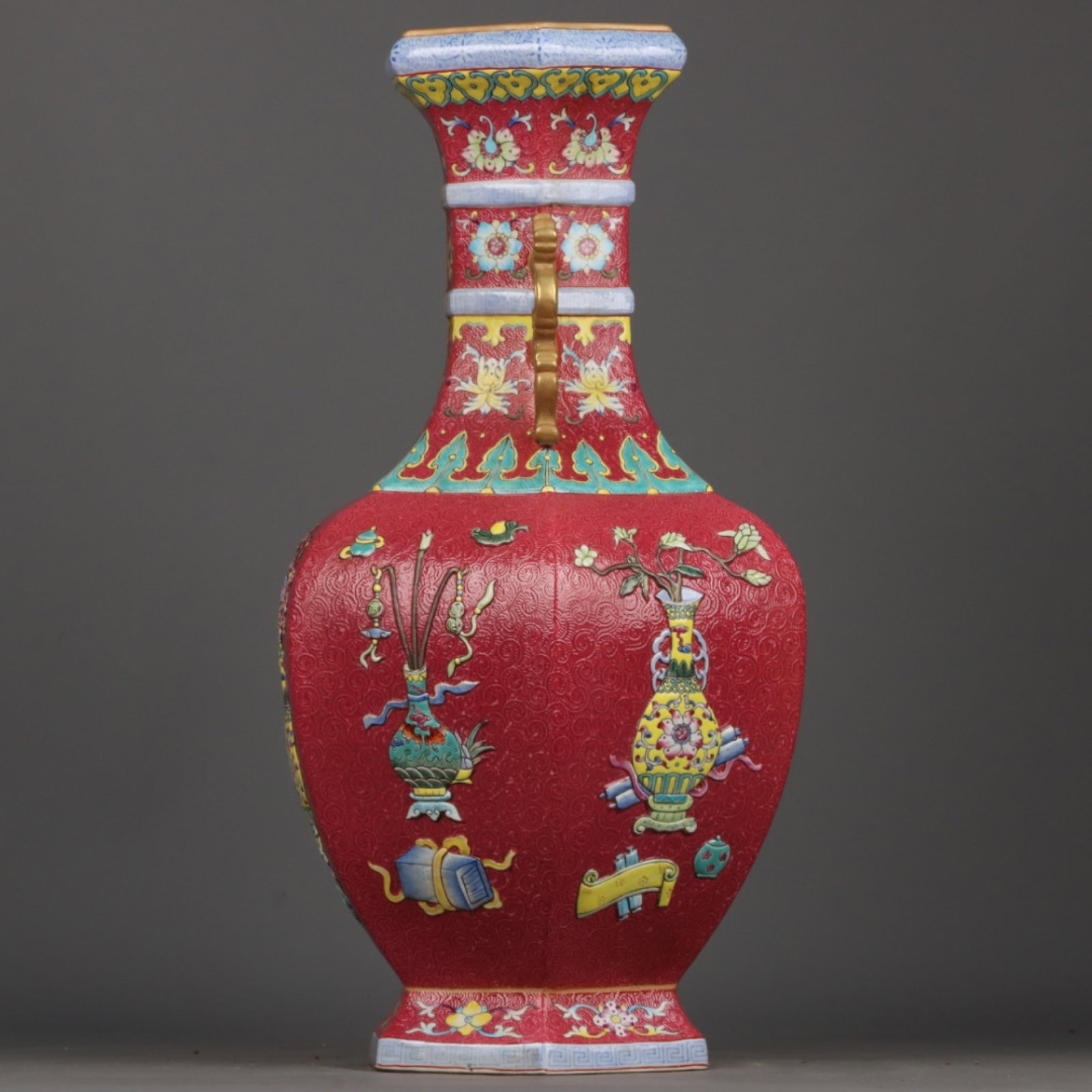 A Huge Ruby Red-Glazed Enamel Gilt Flower Pattern Double-Ears Vase - 2