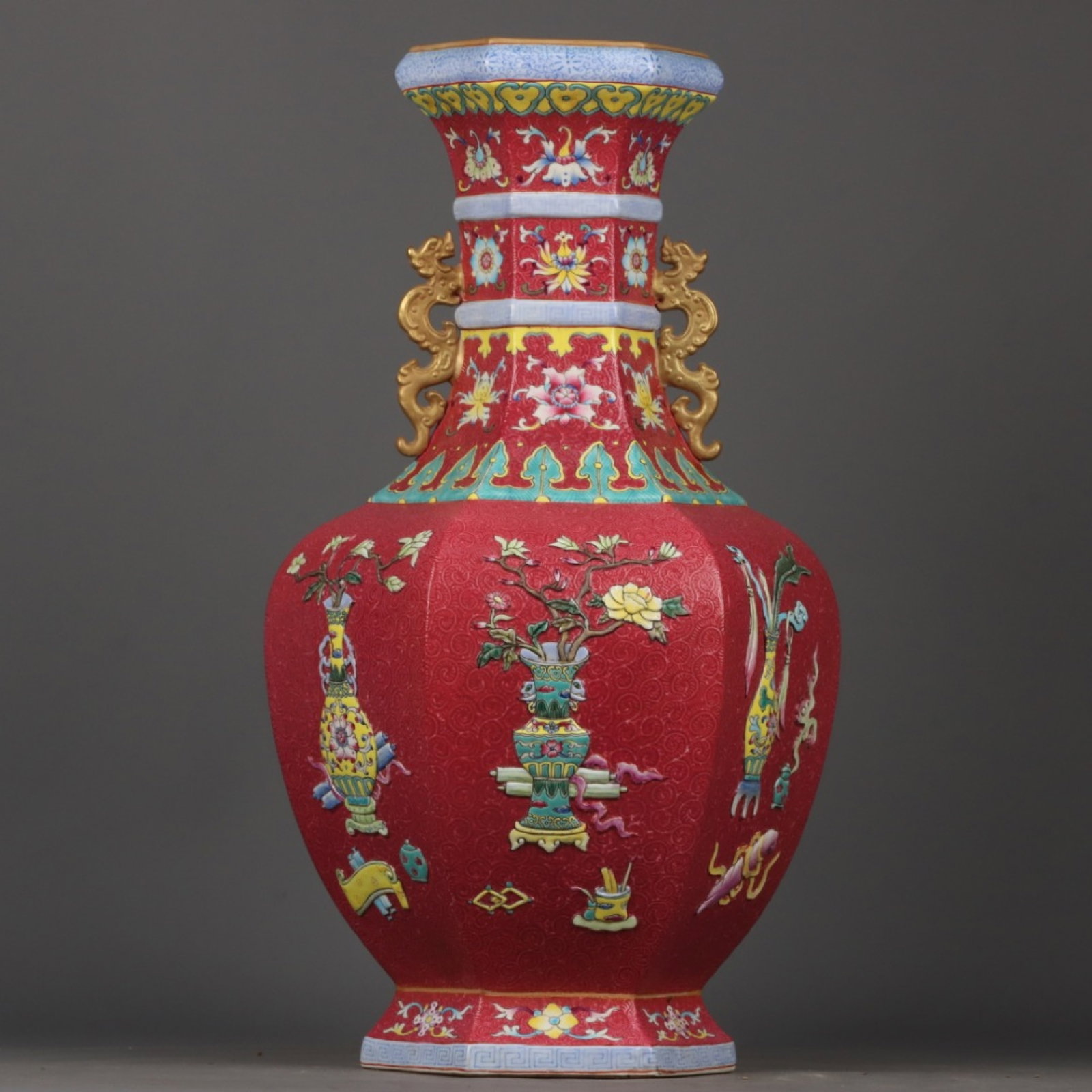 A Huge Ruby Red-Glazed Enamel Gilt Flower Pattern Double-Ears Vase - 3